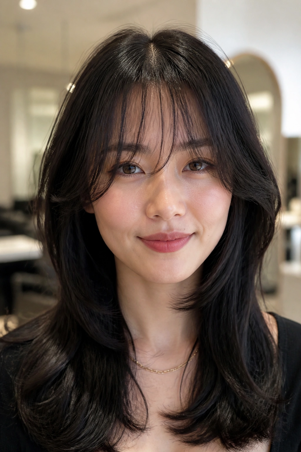 Close-up of a real woman with thinned-out half bangs on thick hair.