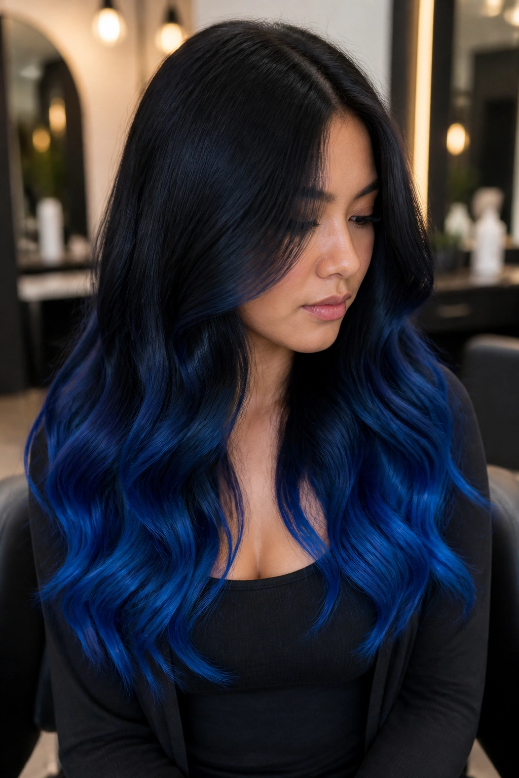 Real woman with three-tone fade hair black-navy-cobalt on long hair