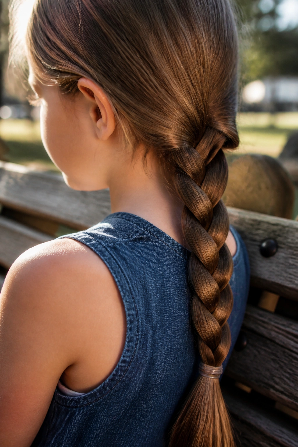 Close-up of a real girl with a simple three-strand braid over the shoulder