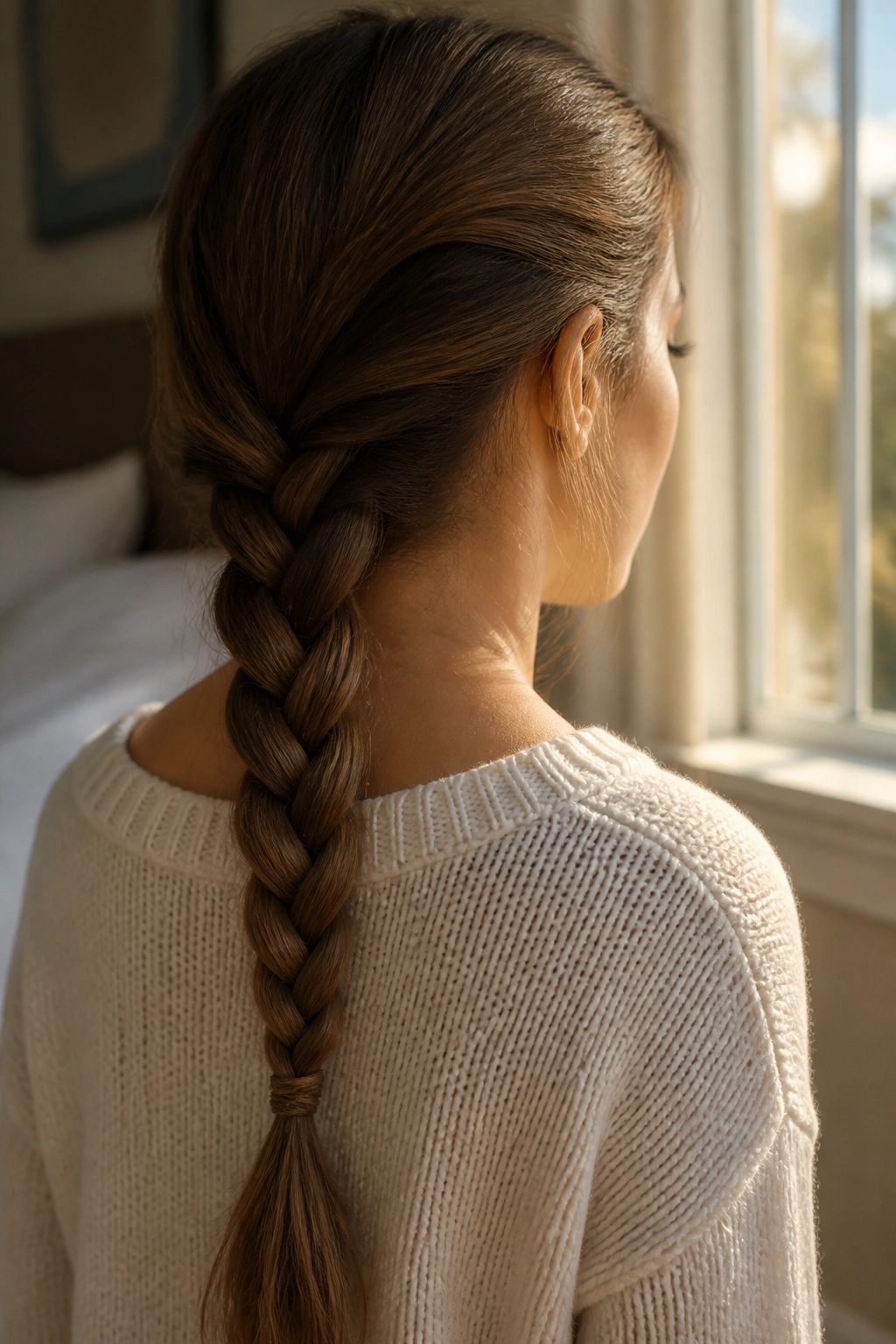 Close-up of a real woman with a classic three-strand braid on long hair