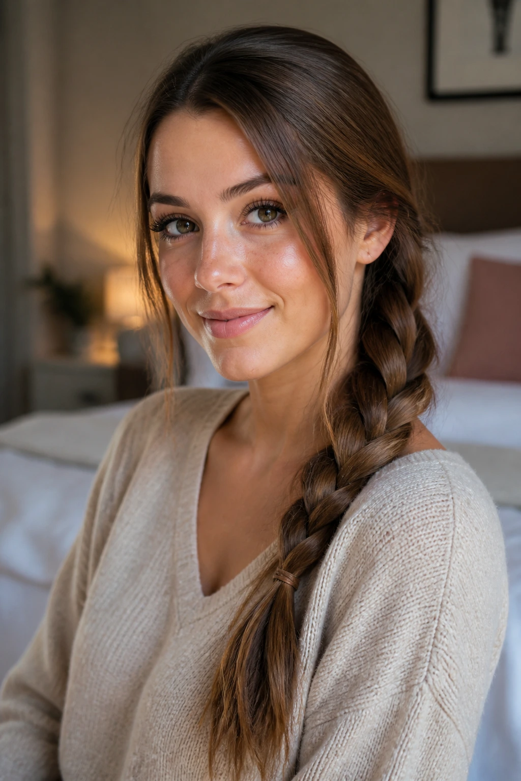 Close-up portrait of a real woman with a classic three-strand side braid along her shoulder