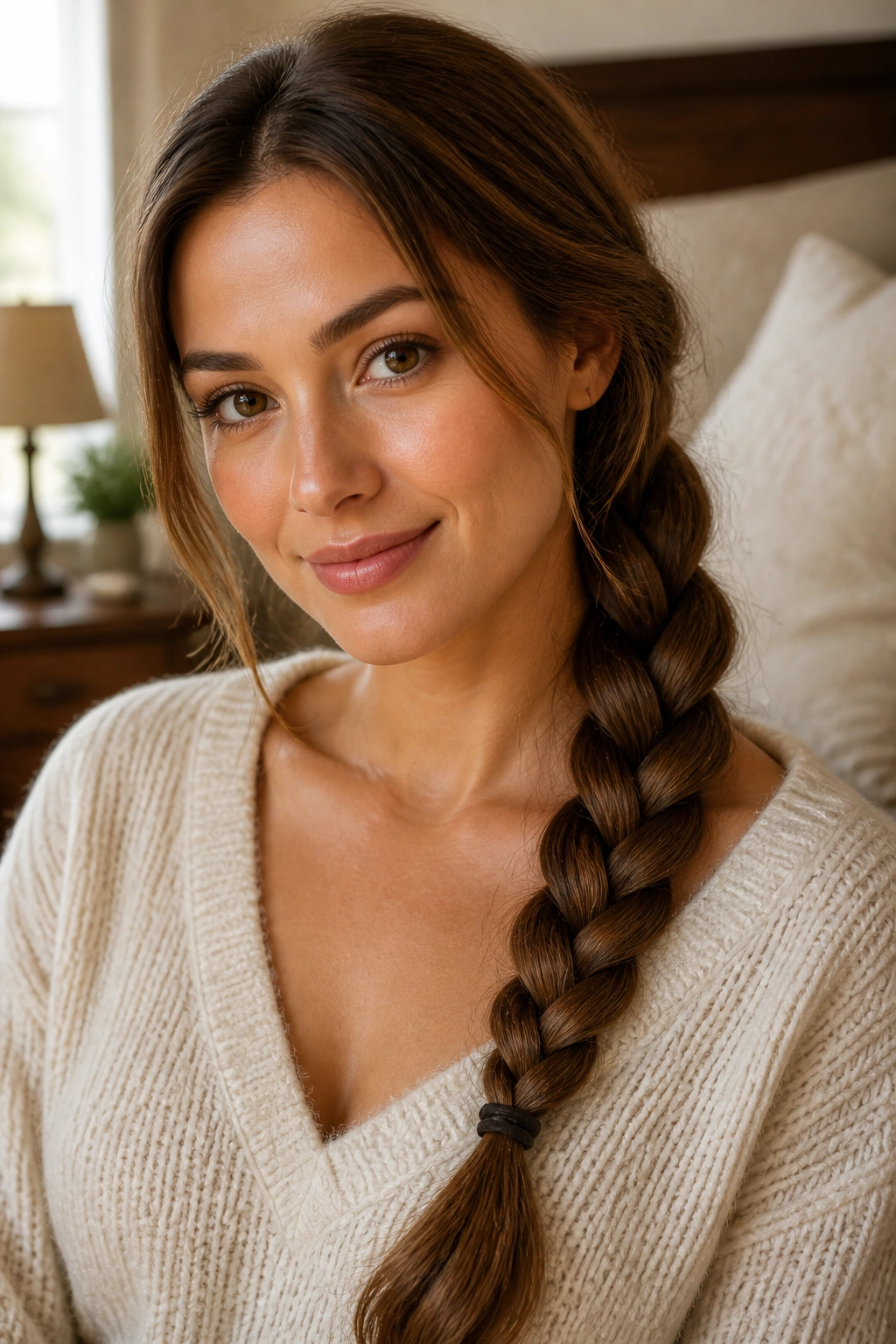Close-up of a real woman with a classic three-strand braid over her shoulder.