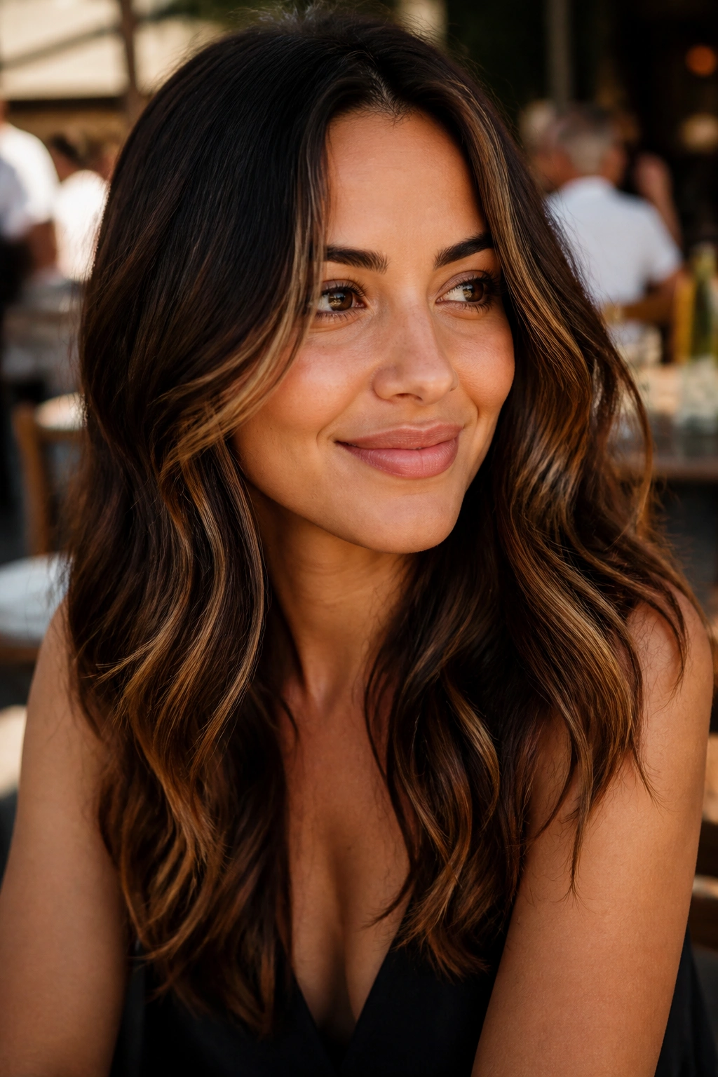 Close-up of a real person with tiger-eye brunette hair featuring bronze, caramel, and gold highlights.