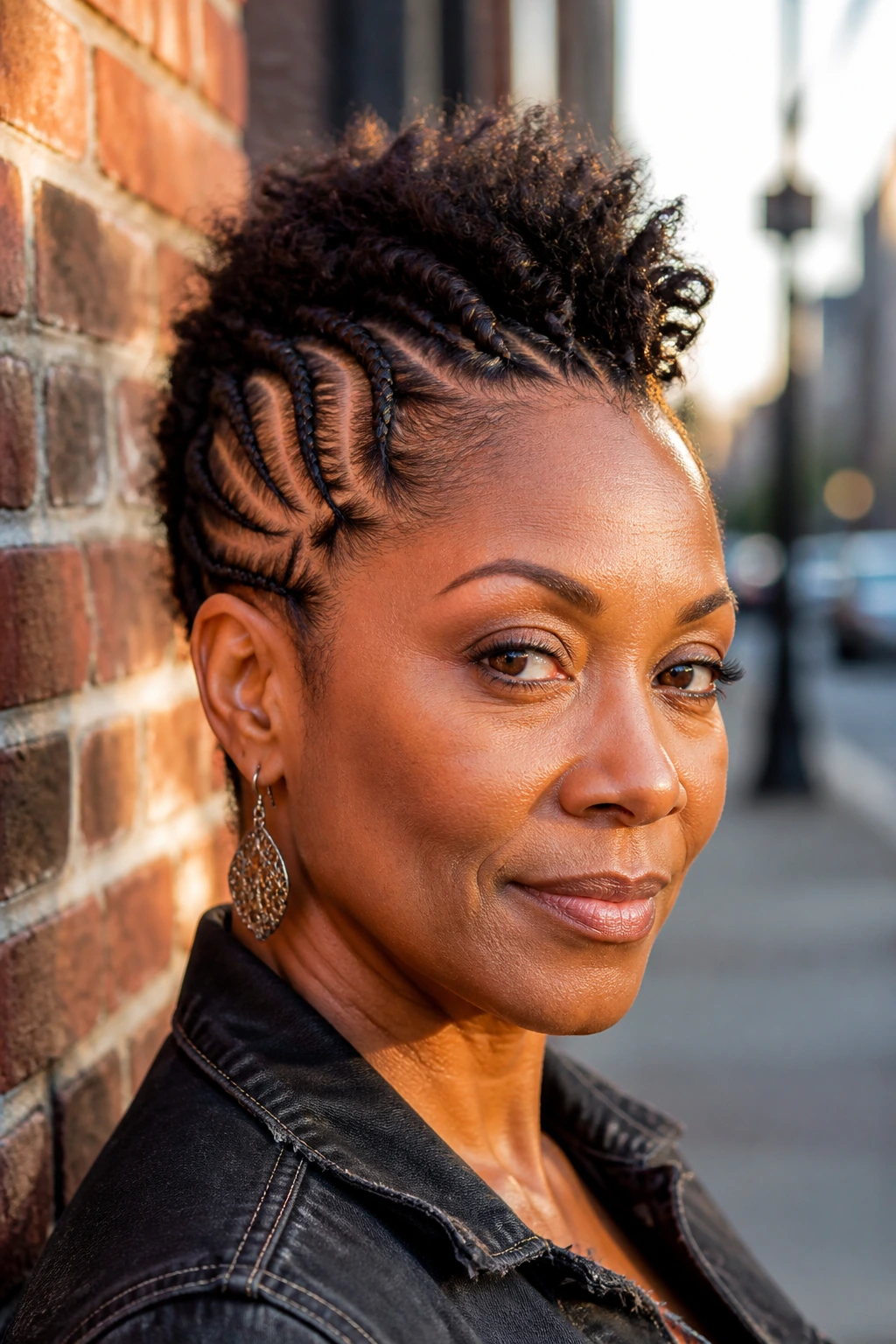 Close-up of a real woman with a tight cornrow mohawk against a brick wall at golden hour.