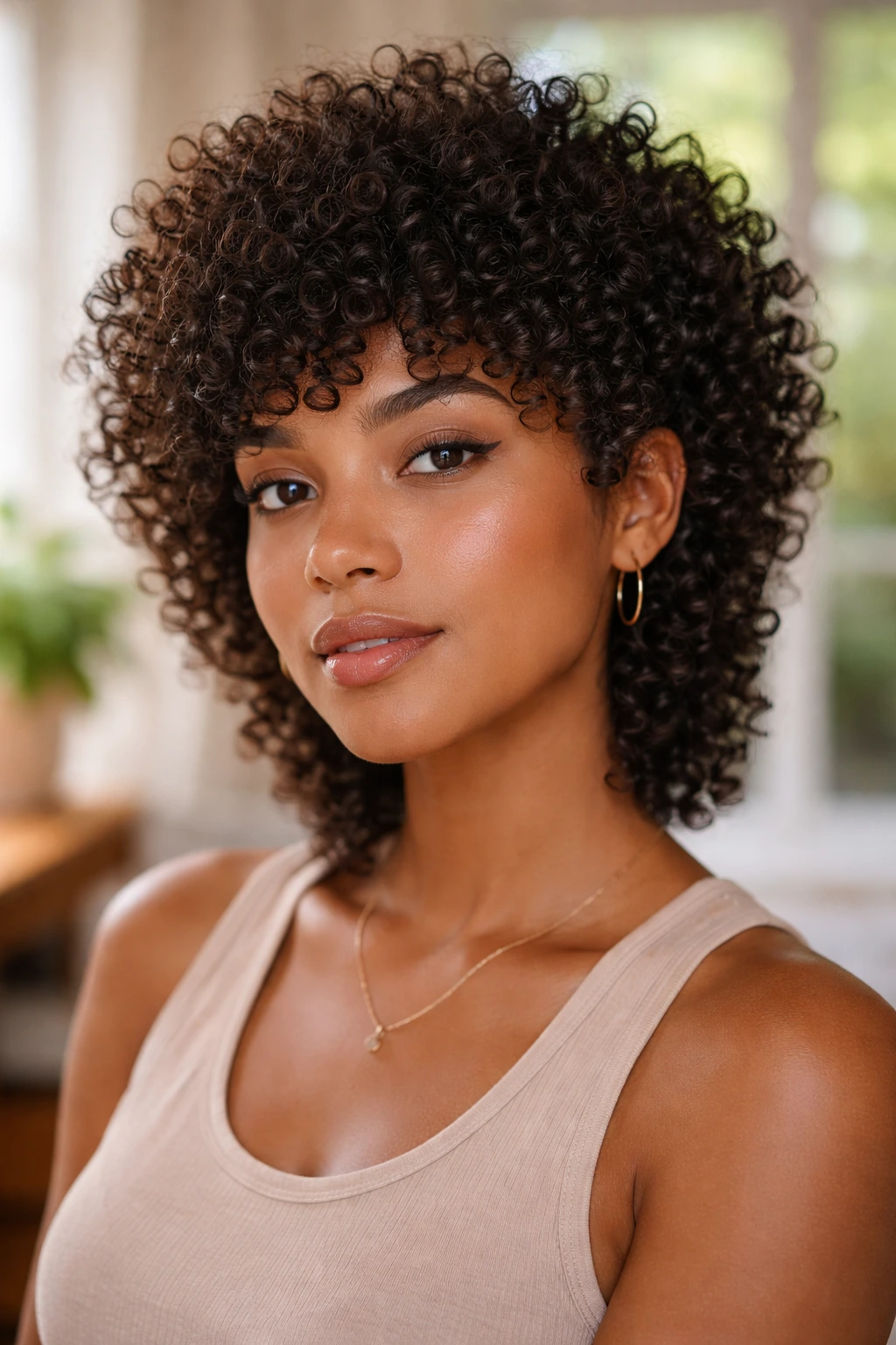 Close-up portrait of a real person with a tight-curl tapered shag hairstyle.