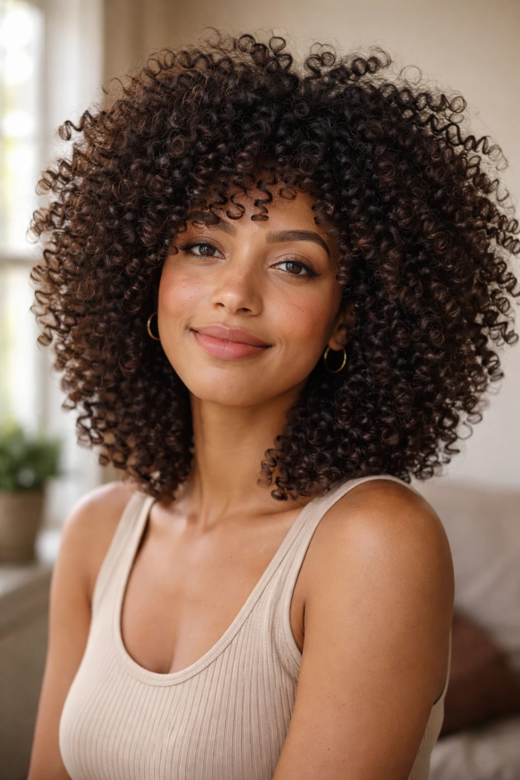 Close-up of a real woman with tight curls and a voluminous crown