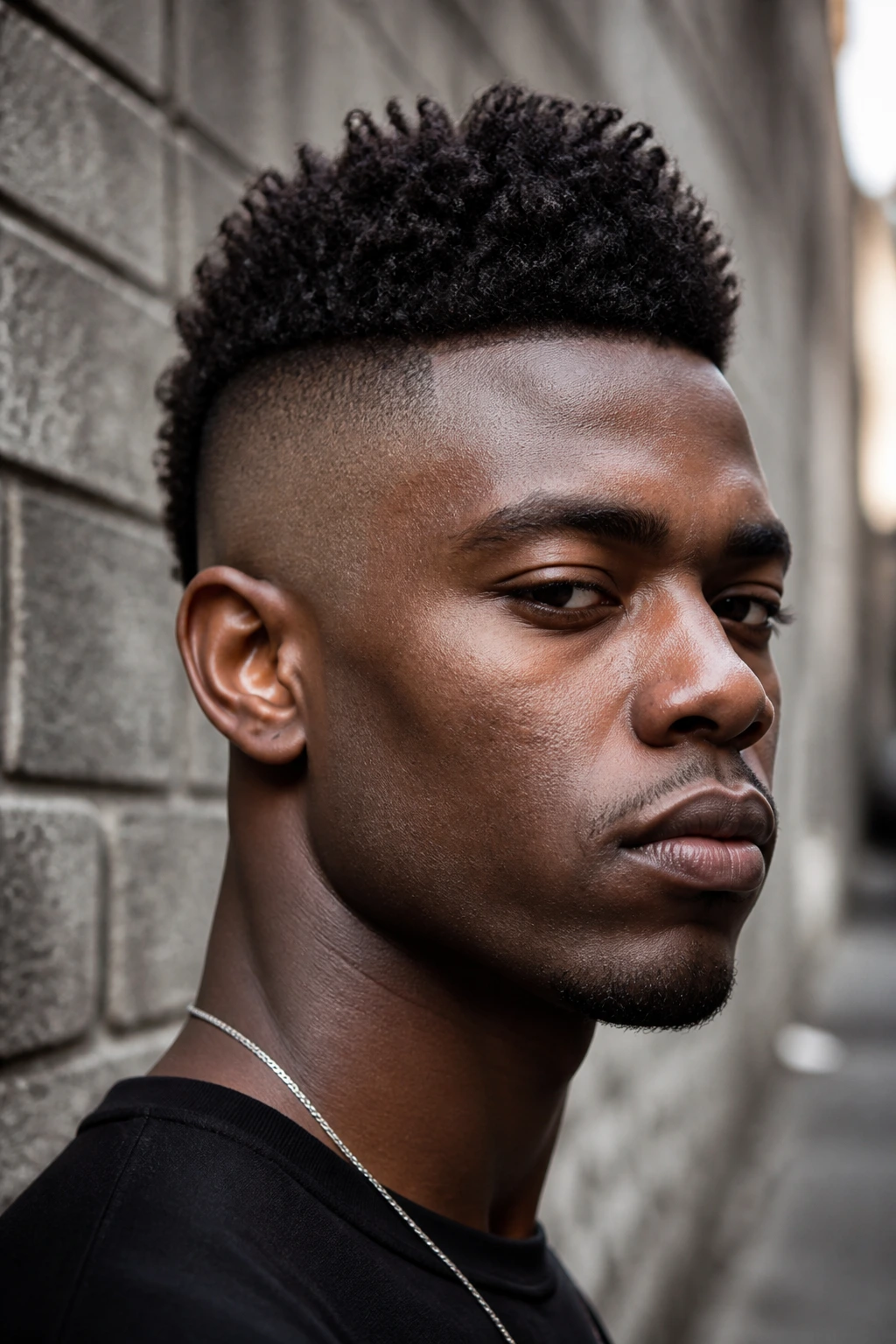 Close-up portrait of a real person with a tight fade and pronounced mohawk top.