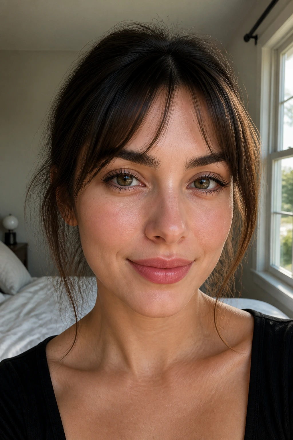 Close-up of a real woman's face showing tiny open curtain bangs on a round face