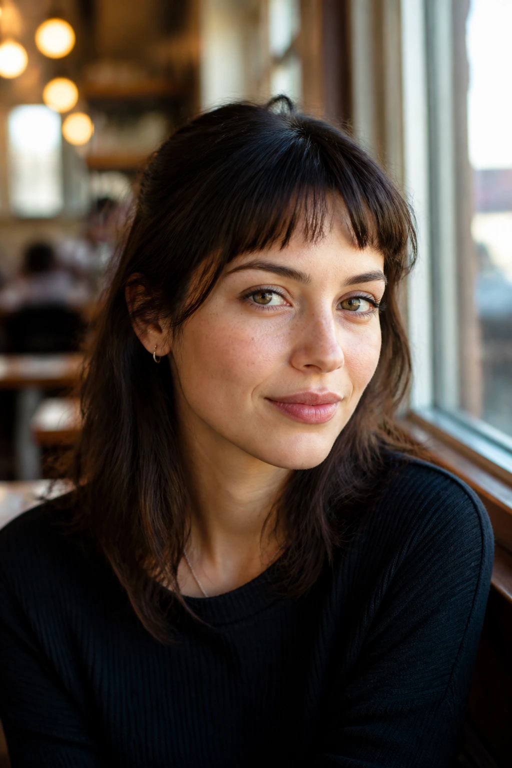 Close-up of real woman with micro soft bangs and longer corners toward temples.