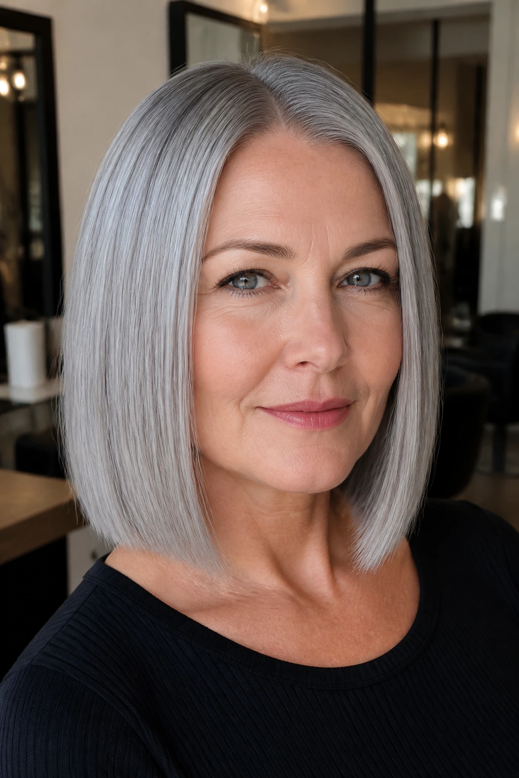 Close-up of a real person with titanium gray hair in a blunt cut