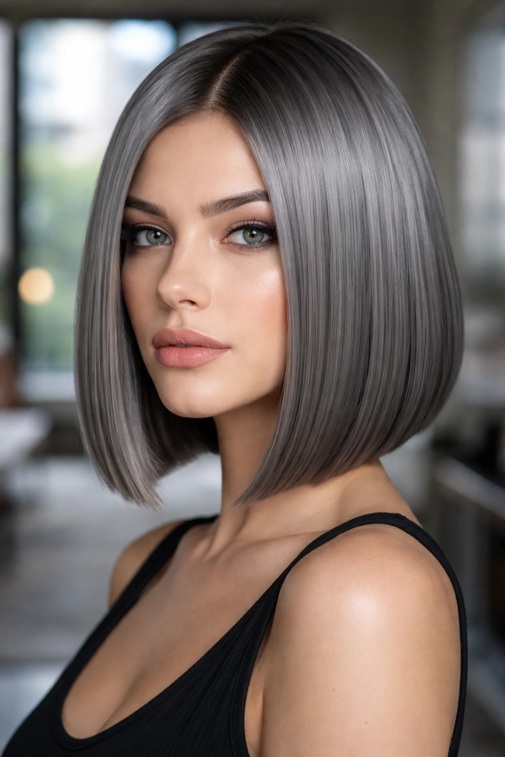 Close-up portrait of a real person with a blunt titanium-grey bob