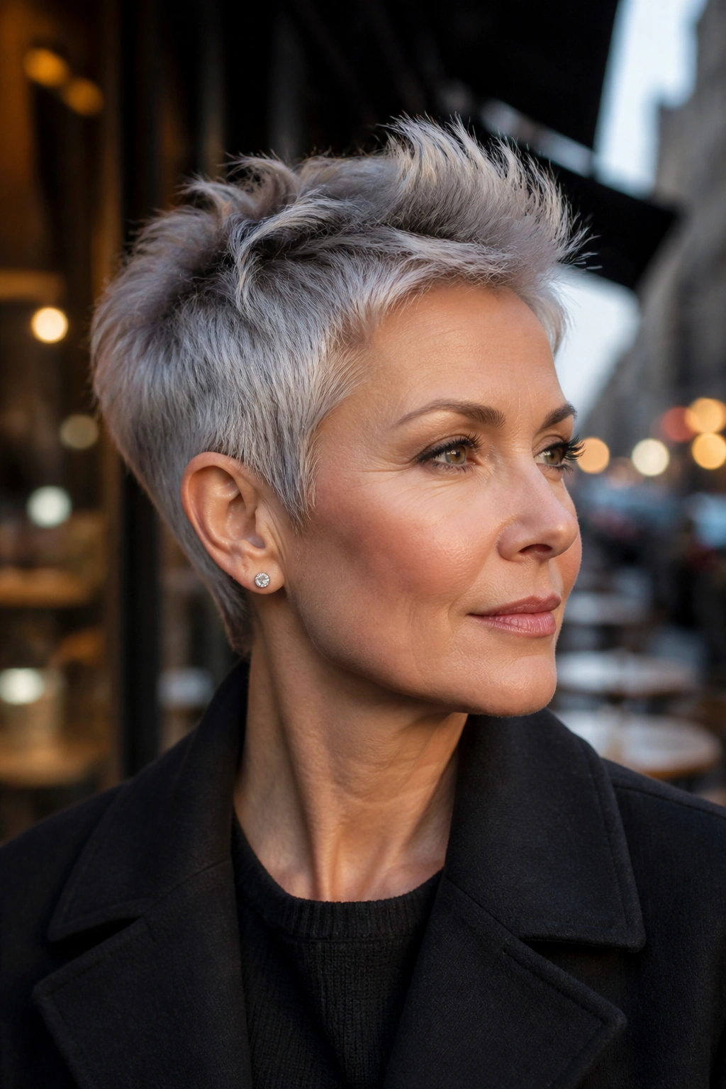 Real woman with titanium pixie crop in a close-up portrait