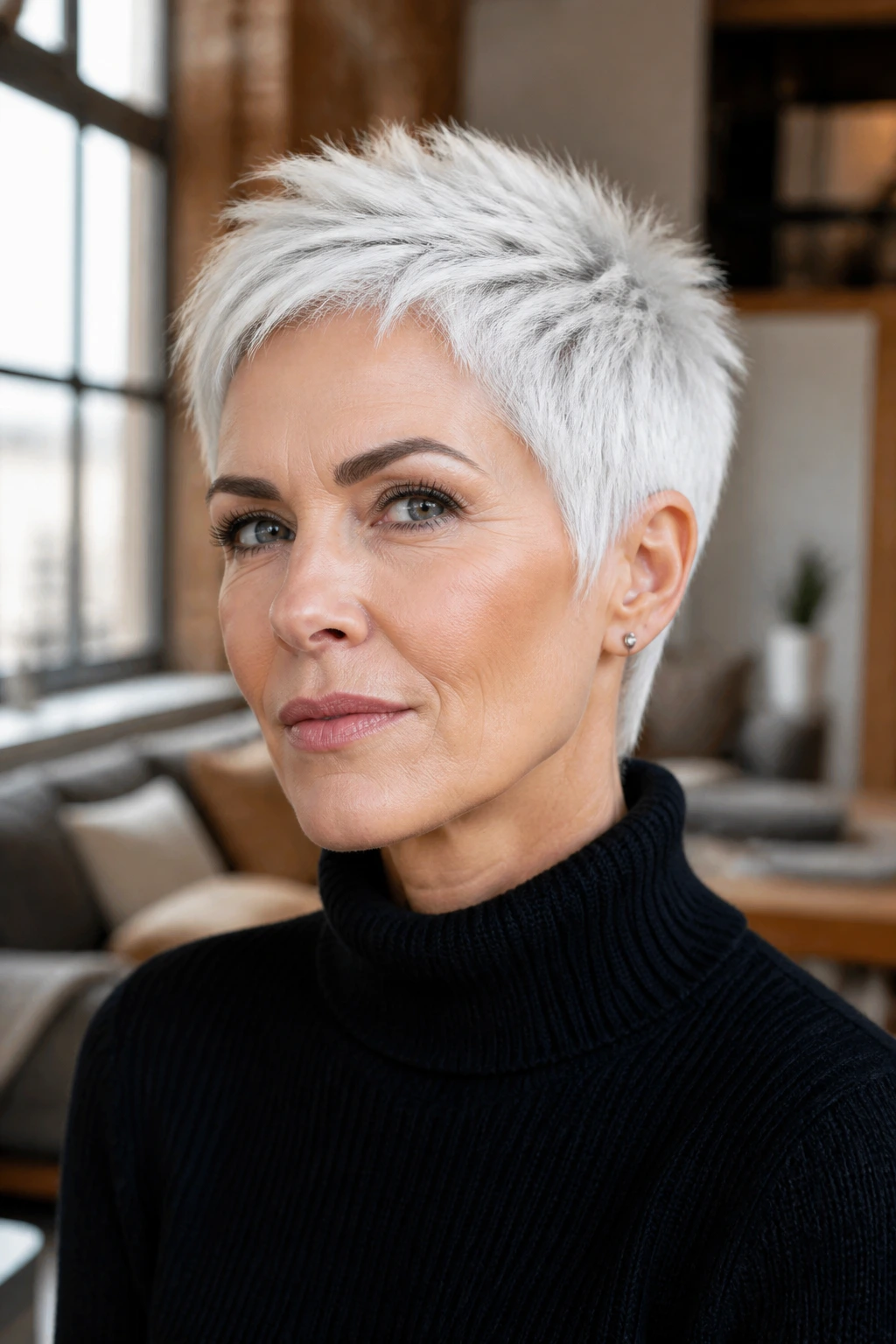 Portrait of a woman with titanium white pixie cut.
