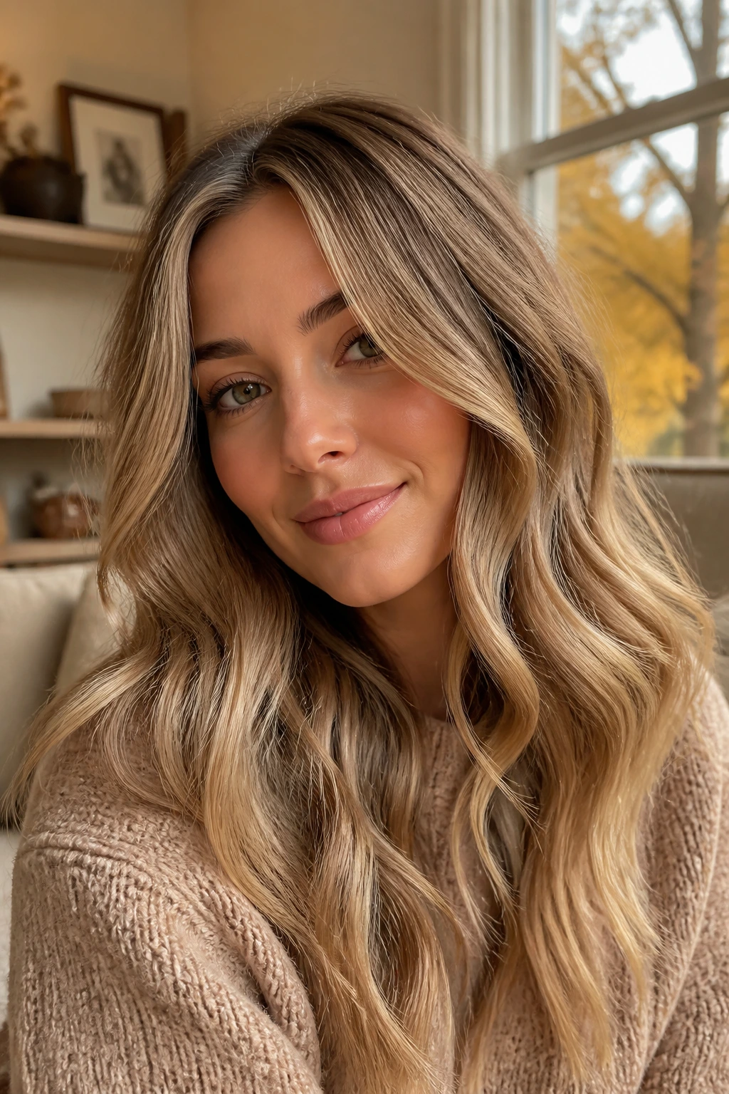 Close-up portrait of a real woman with toasted almond blonde hair in warm, nutty tones