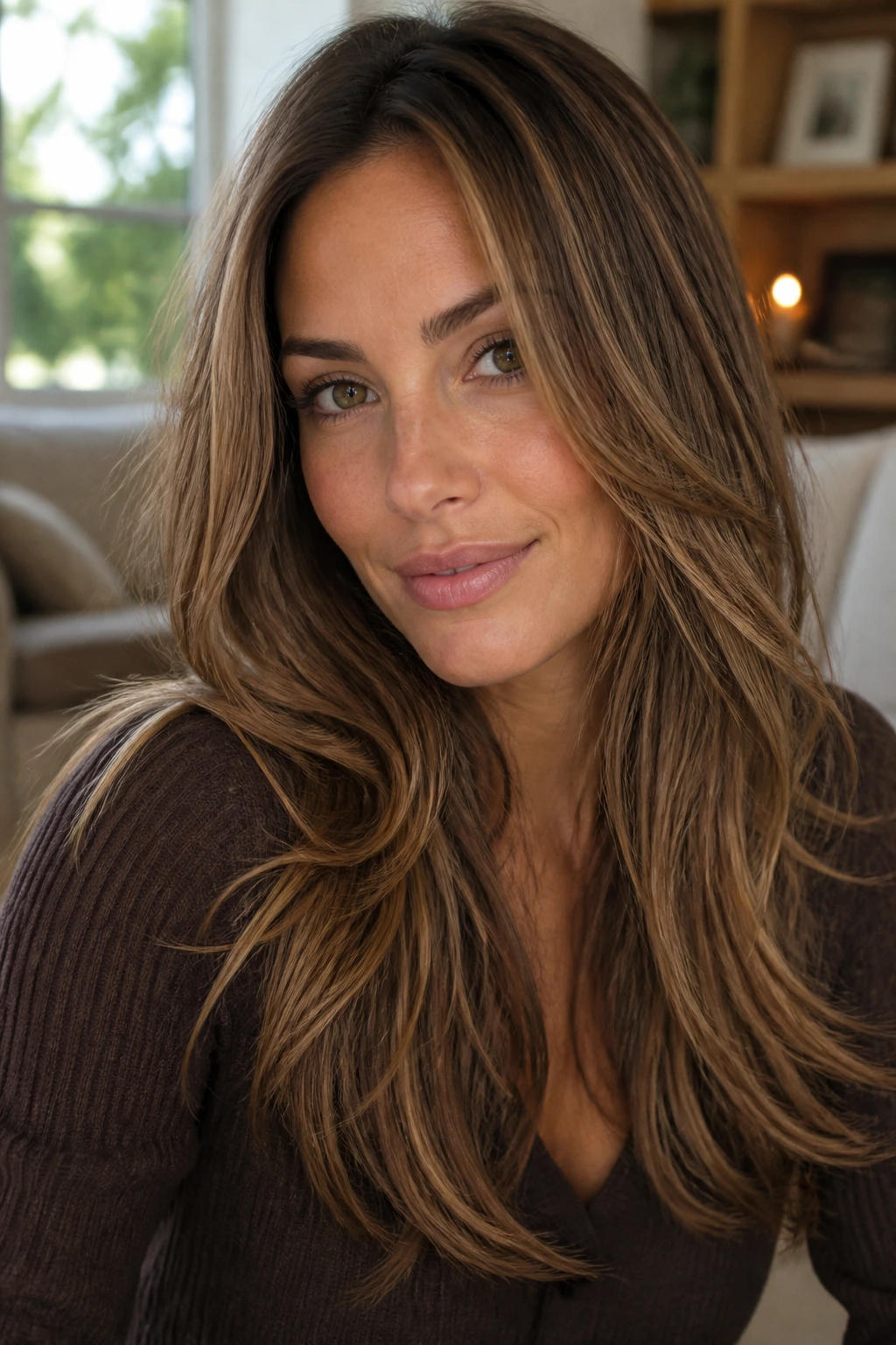 Close-up of a real woman with toasted almond brown hair and almond-beige highlights
