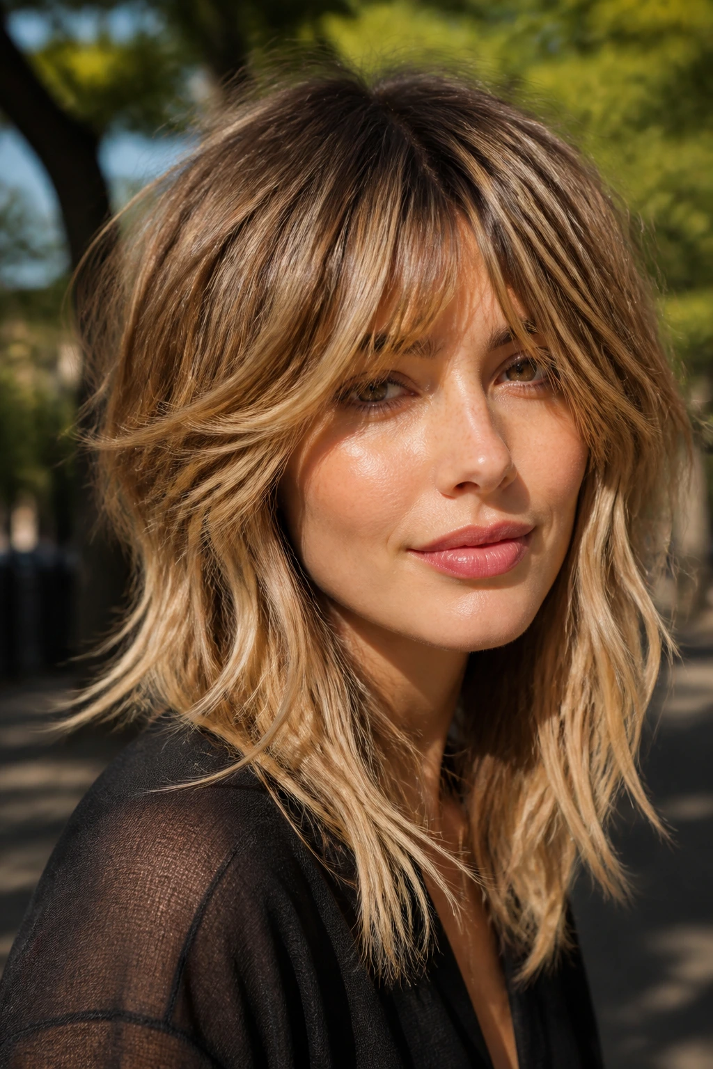 Real person with toasted almond caramel shag haircut.