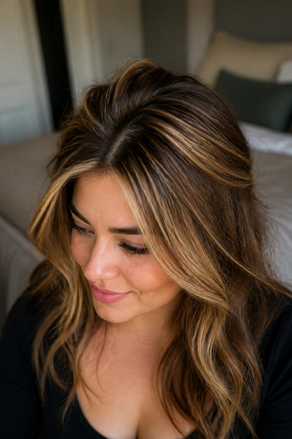 Close-up of a real woman with toasted almond crown highlights creating lift on a round face