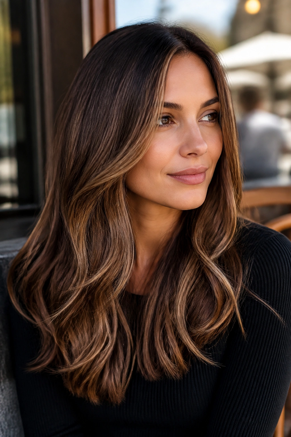 Portrait of brunette with almond-toned highlights around the face in warm outdoor light.