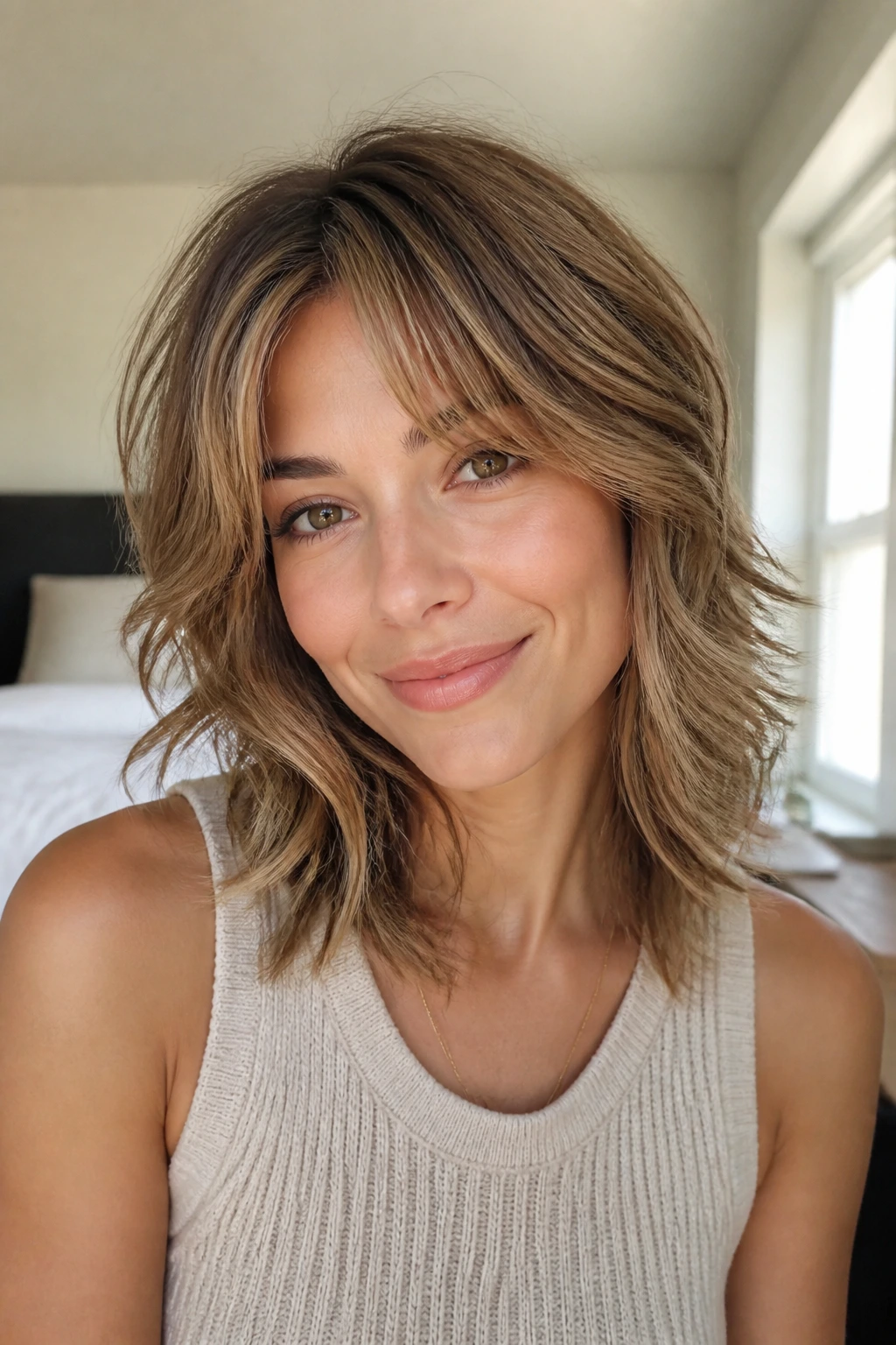 Close-up of a woman with toasted almond soft shag hairstyle