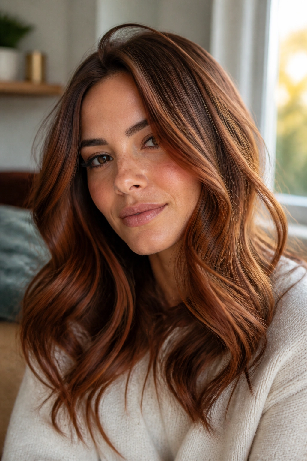 Close-up portrait of a real woman with toasted auburn and caramel brown layered hair