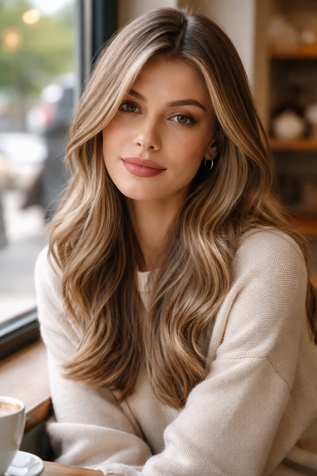 Portrait of a person with toasted beige hair in warm cafe light.