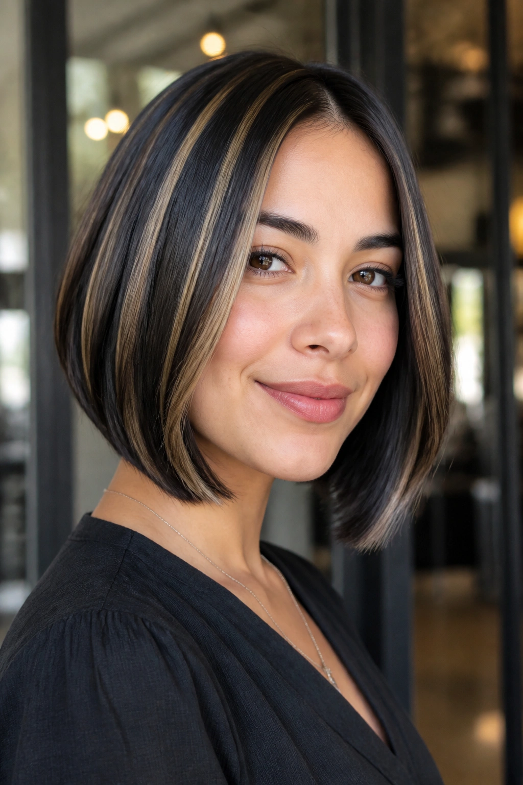 Real person with black bob and toasted blonde ribbons
