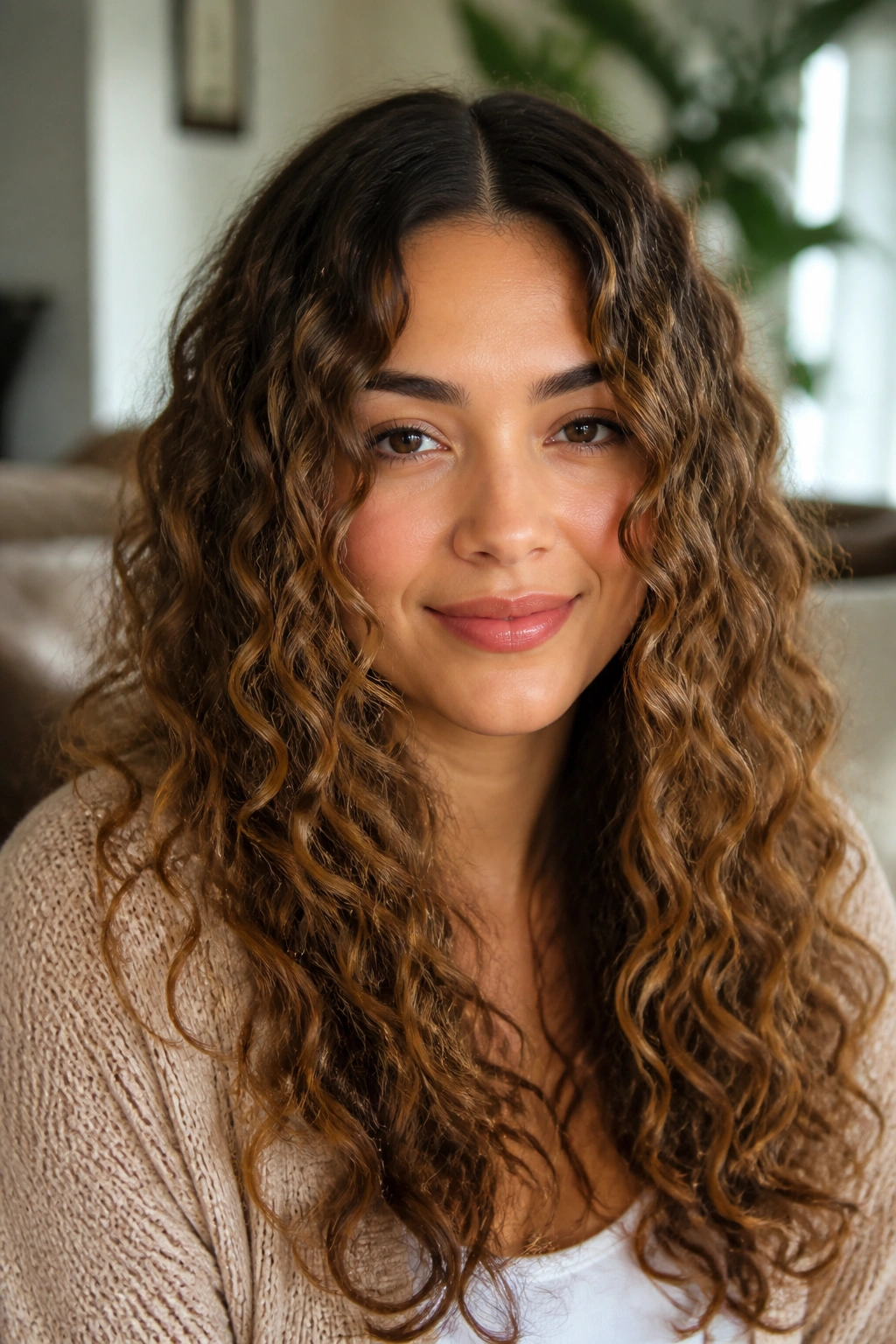 Portrait of real person with toasted brown curls center-part