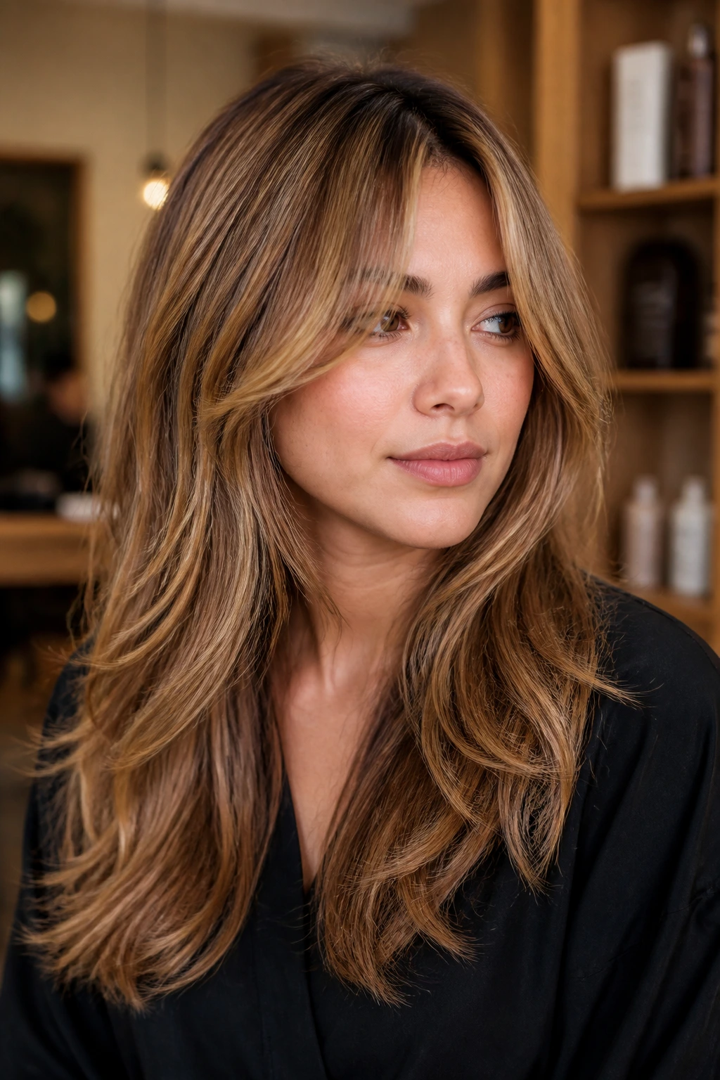 Close-up of toasted caramel curtain bangs and long layers on a real person
