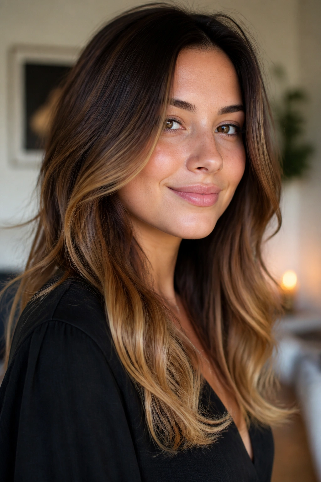 Close-up of long hair with toasted caramel ends in a soft ombré