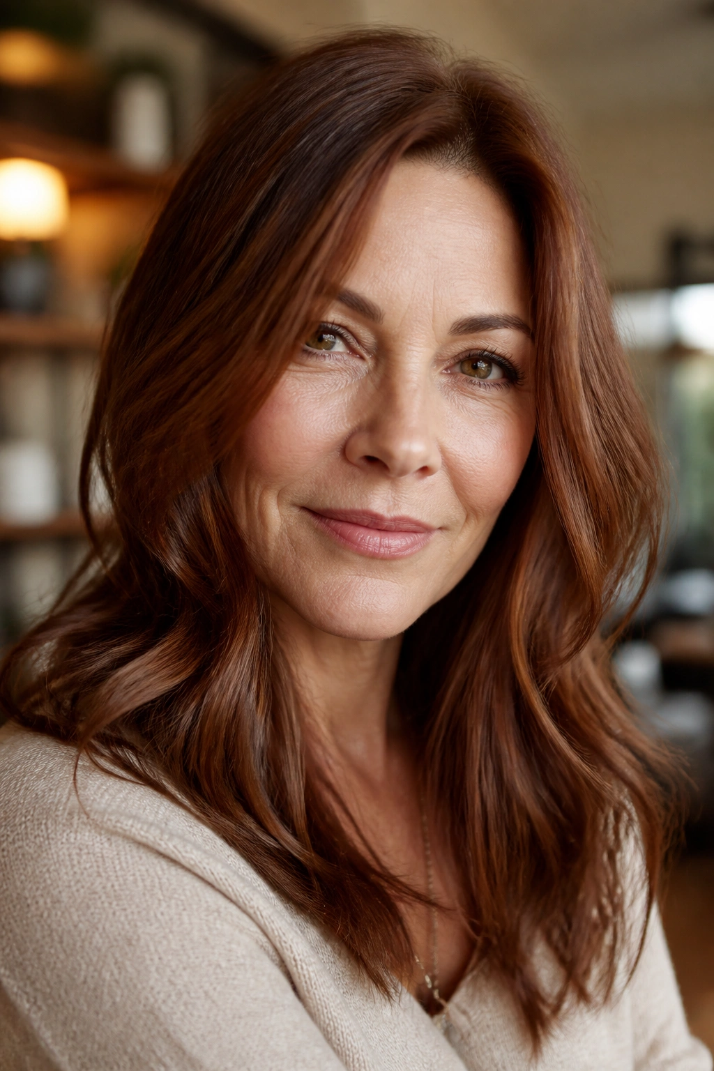 Real woman with toasted chestnut hair and red undertone in warm light