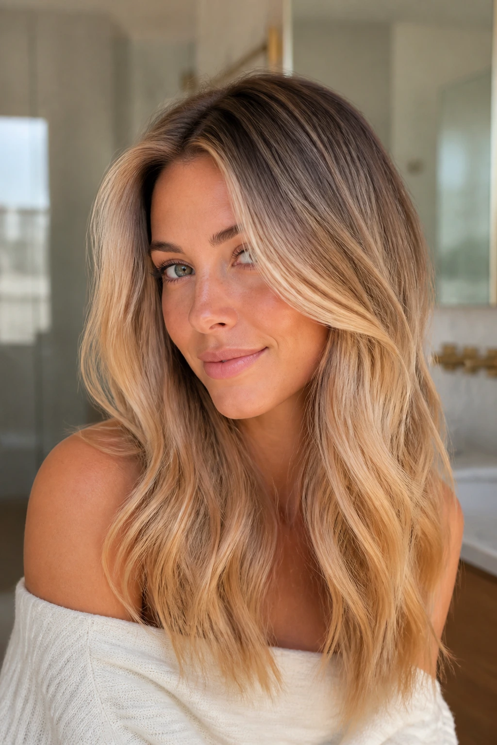 Close-up portrait of a real woman with toasted coconut blonde featuring warm ends and smoky roots