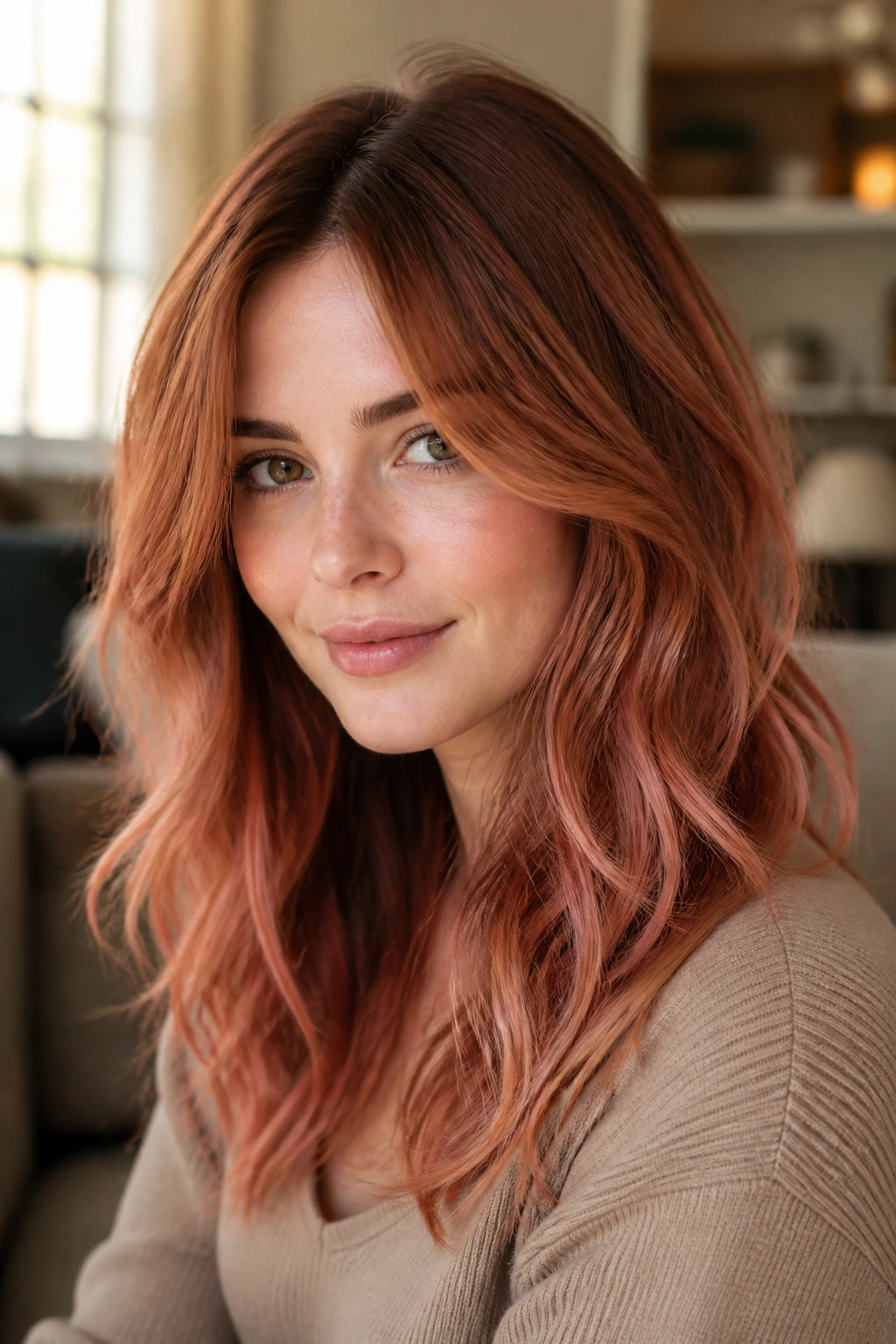 Portrait of a woman with toasted copper midlengths fading to strawberry tips