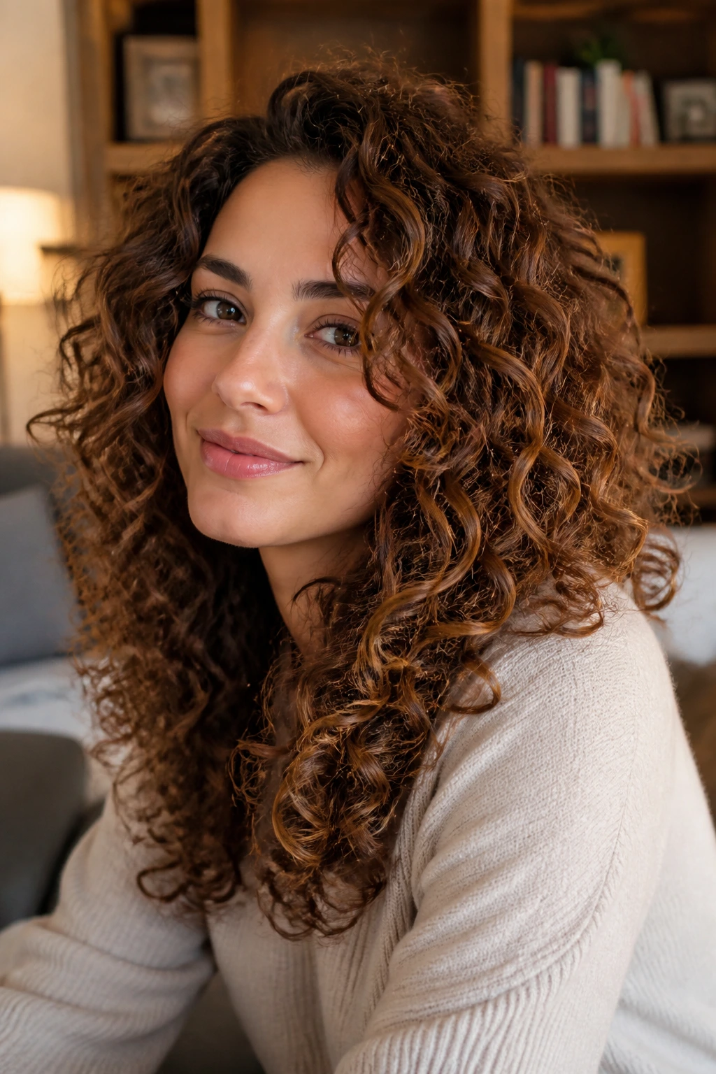 Real person with toasted hazelnut hair color and golden-brown highlights.