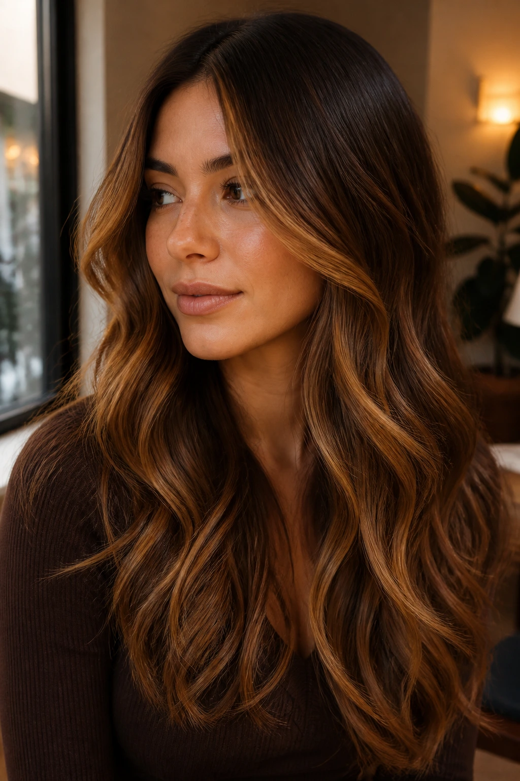 Close-up of chestnut brunette with toasted honey balayage ends