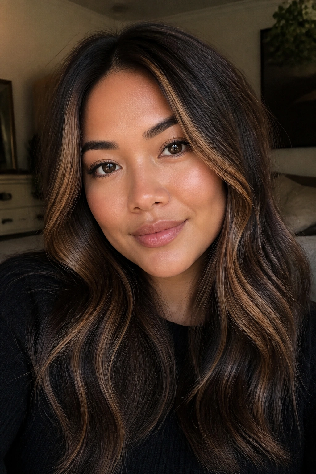 Close-up of a real person with espresso brown hair featuring toasted honey highlights.