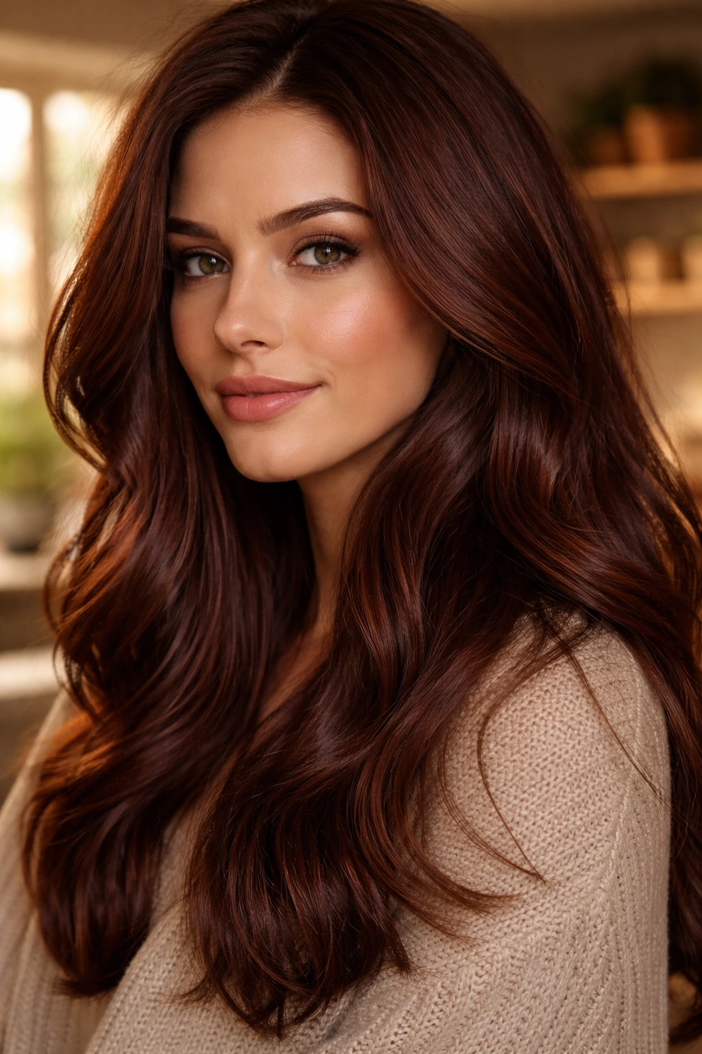 Portrait of a woman with toasted mahogany hair in warm golden hour light