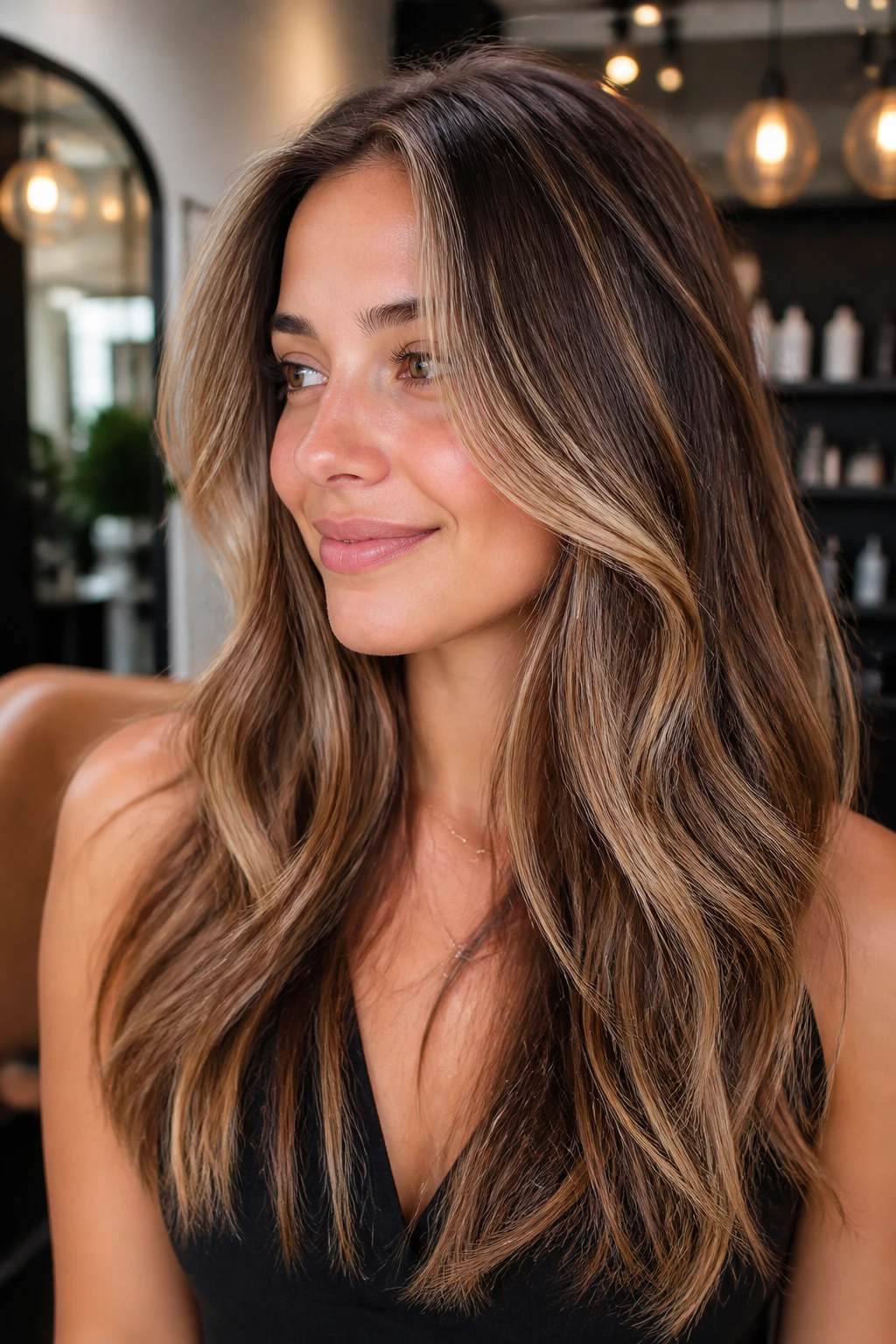 Close-up of brunette with soft toasted vanilla beige highlights for a warm, polished look