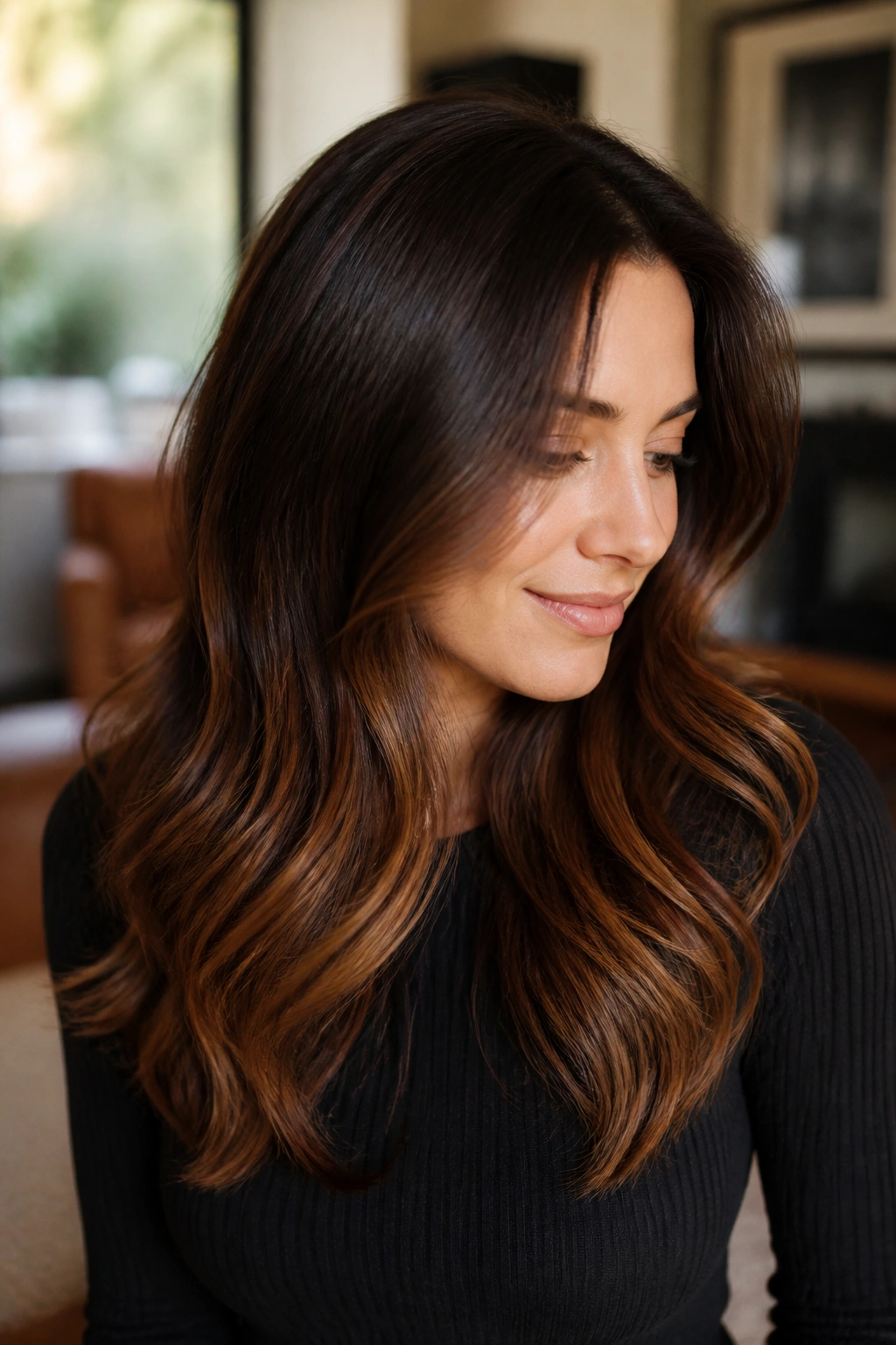 Close-up portrait of a real woman with toasted walnut hair and cinnamon ends in natural light