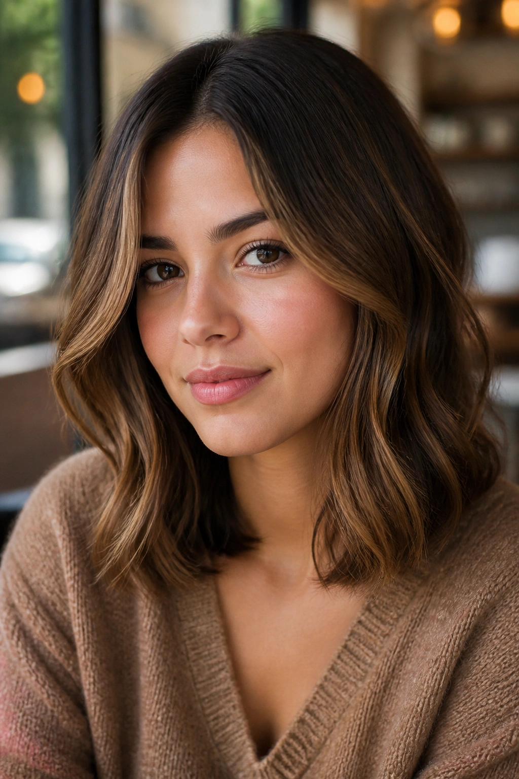 Close-up of a person with toasted walnut hair cut at shoulder length framing the face.