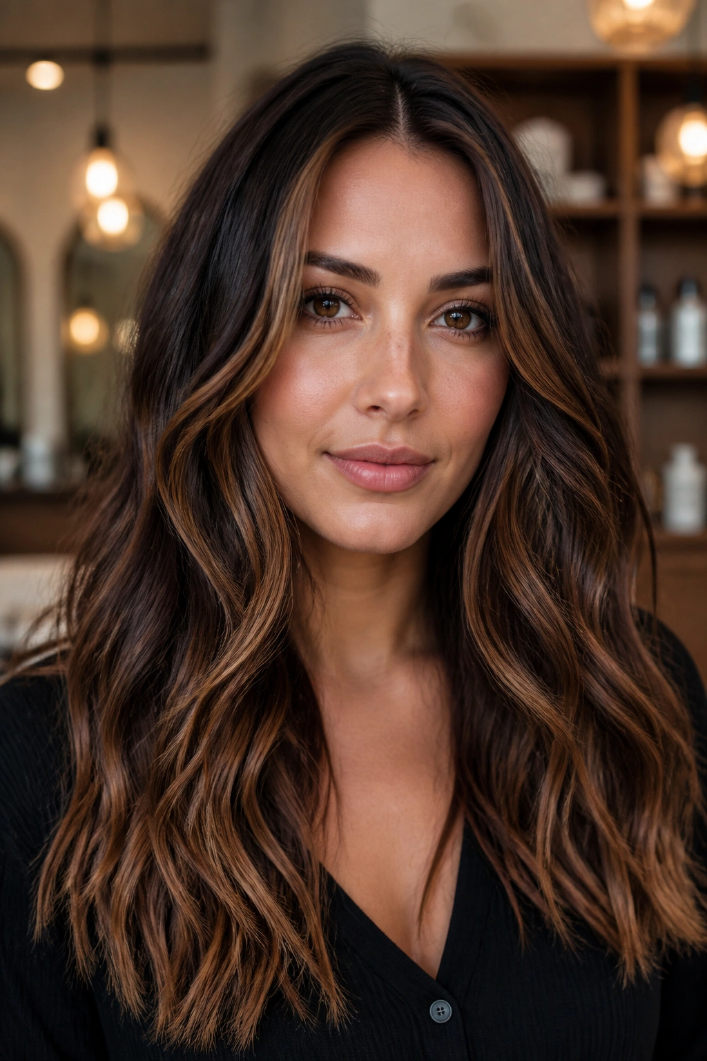 Close-up of a real woman with toffee auburn ribbons in brunette base hair