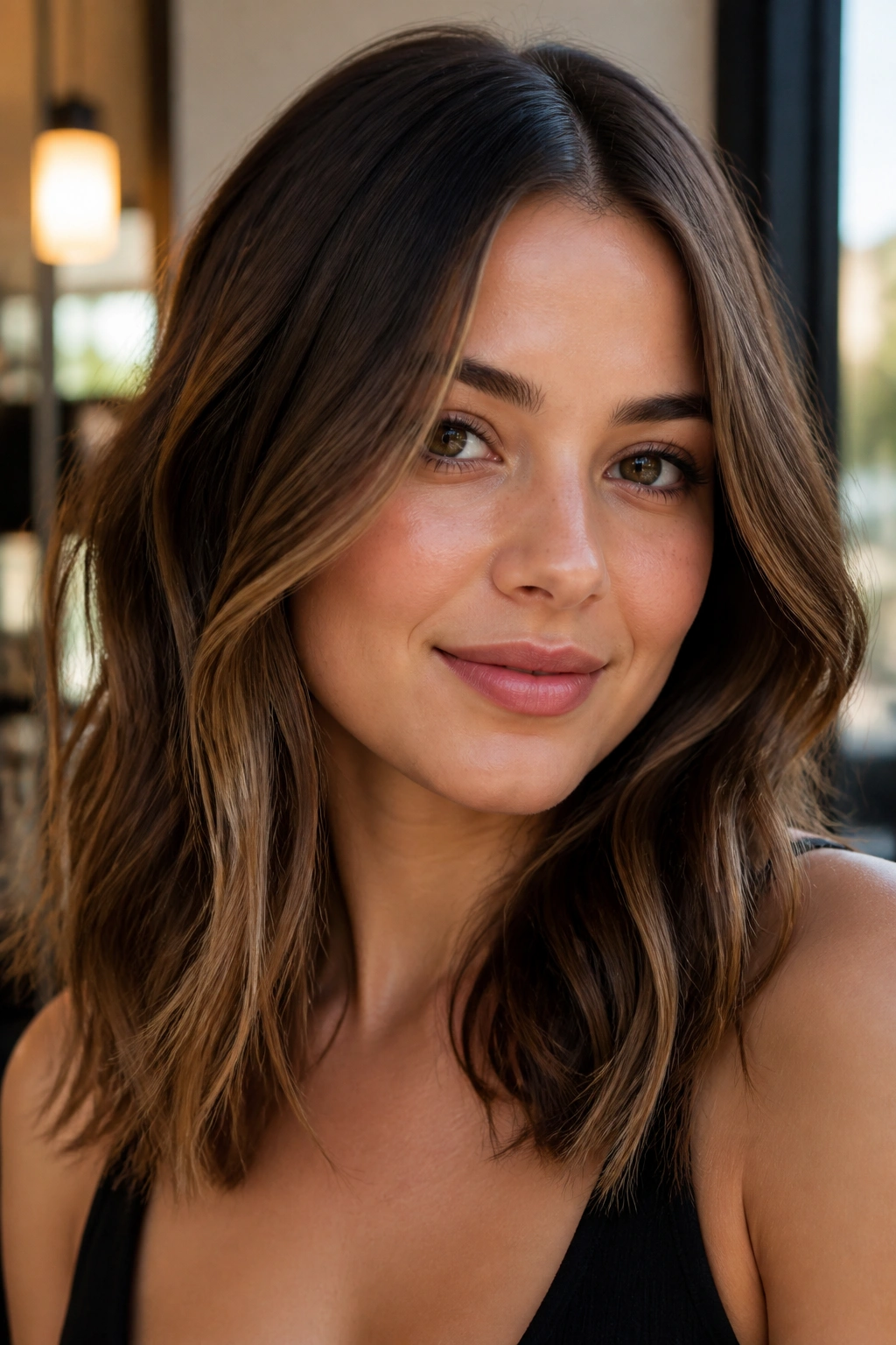 Close-up of a real woman with center-part and toffee babylights