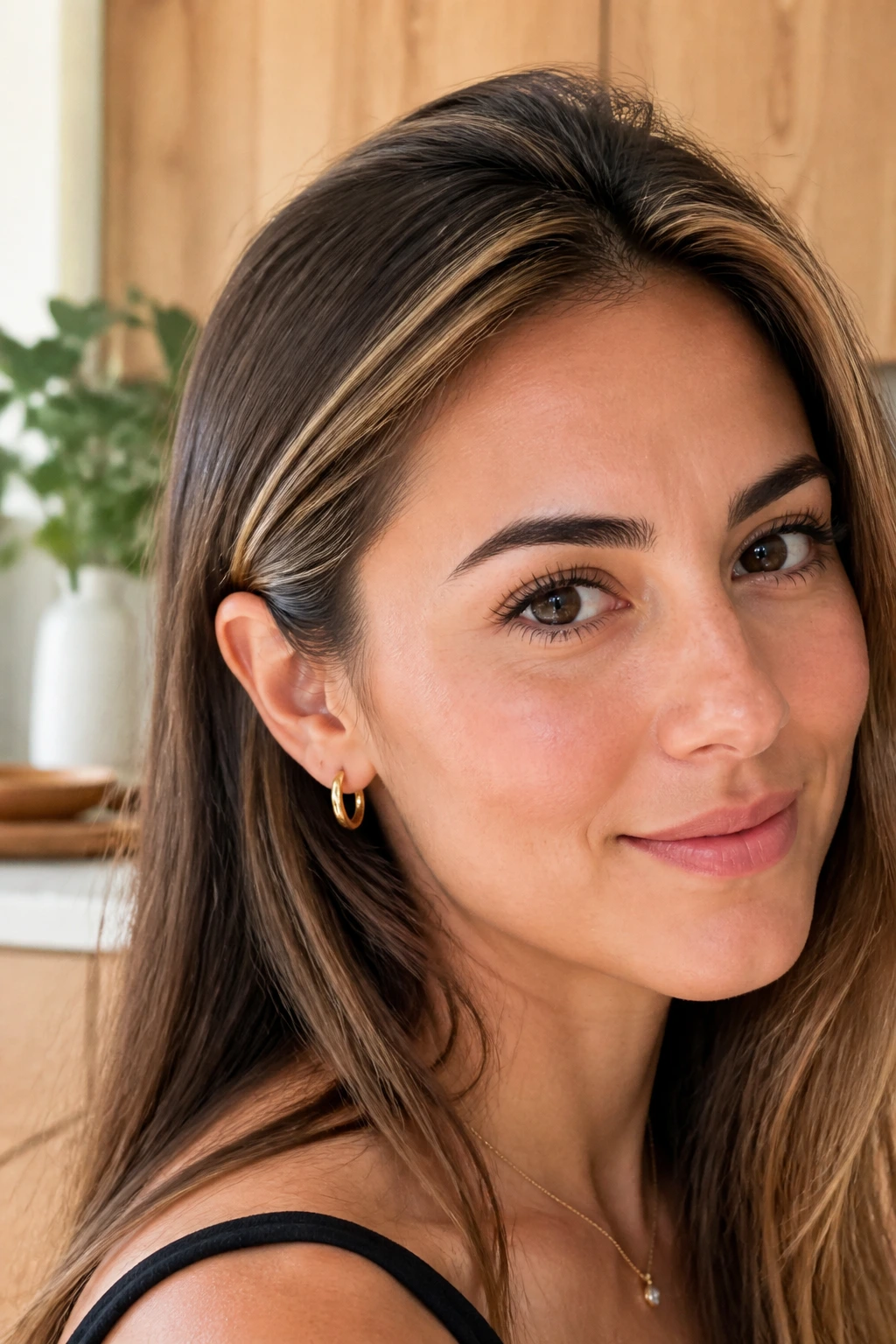 Face-framing micro-fine toffee babylights along the hairline on a brunette