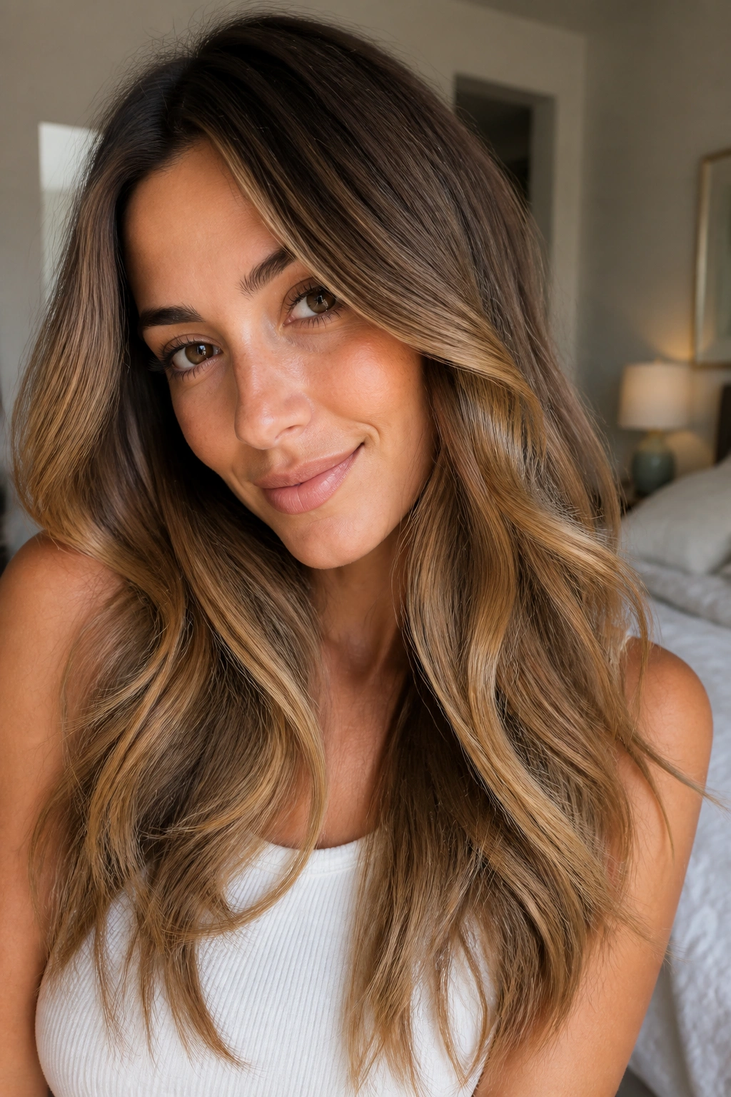 Close-up of a real woman with toffee balayage and soft root-to-mid contrast