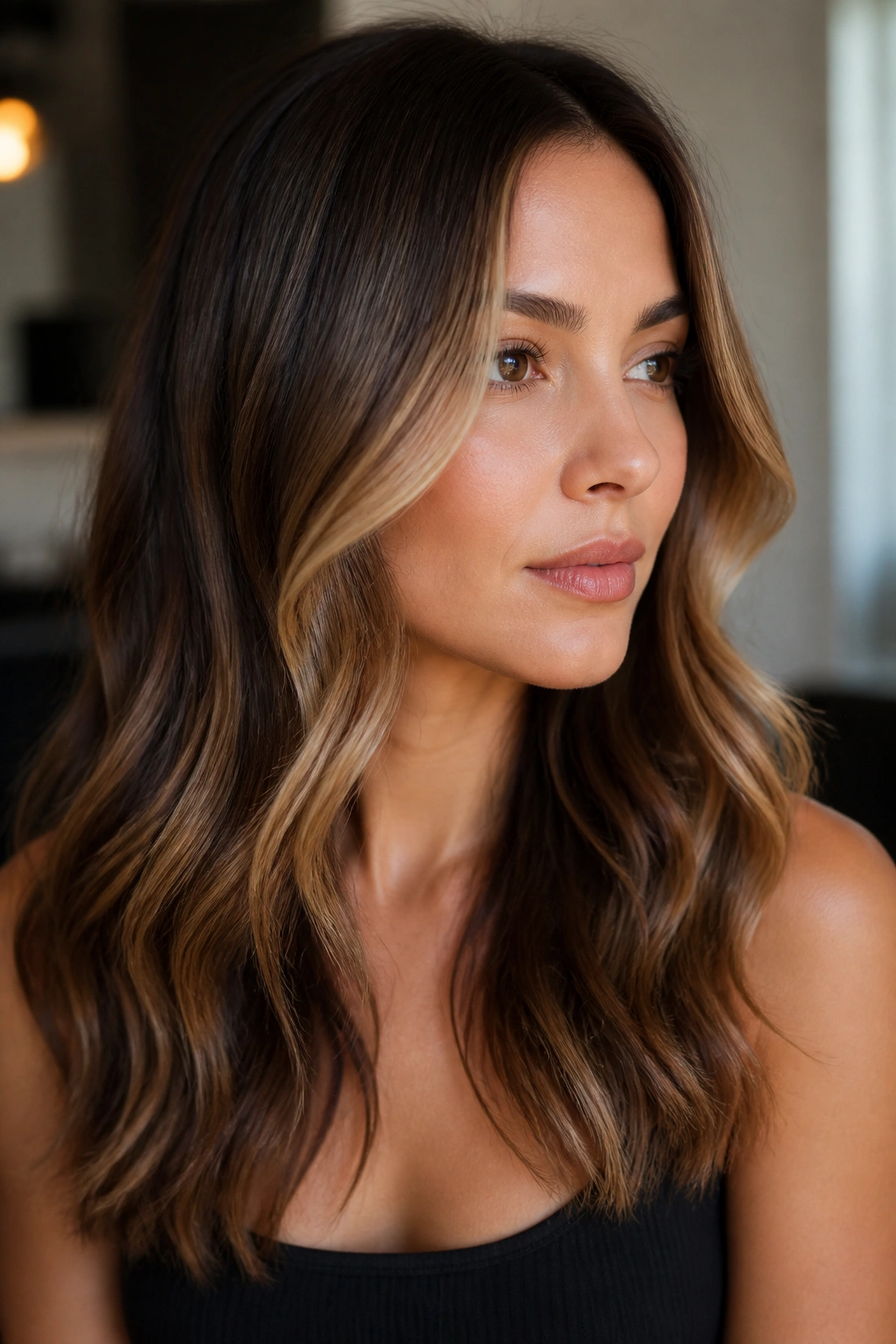 Close-up portrait of a real woman showing toffee balayage contour highlights around temples.