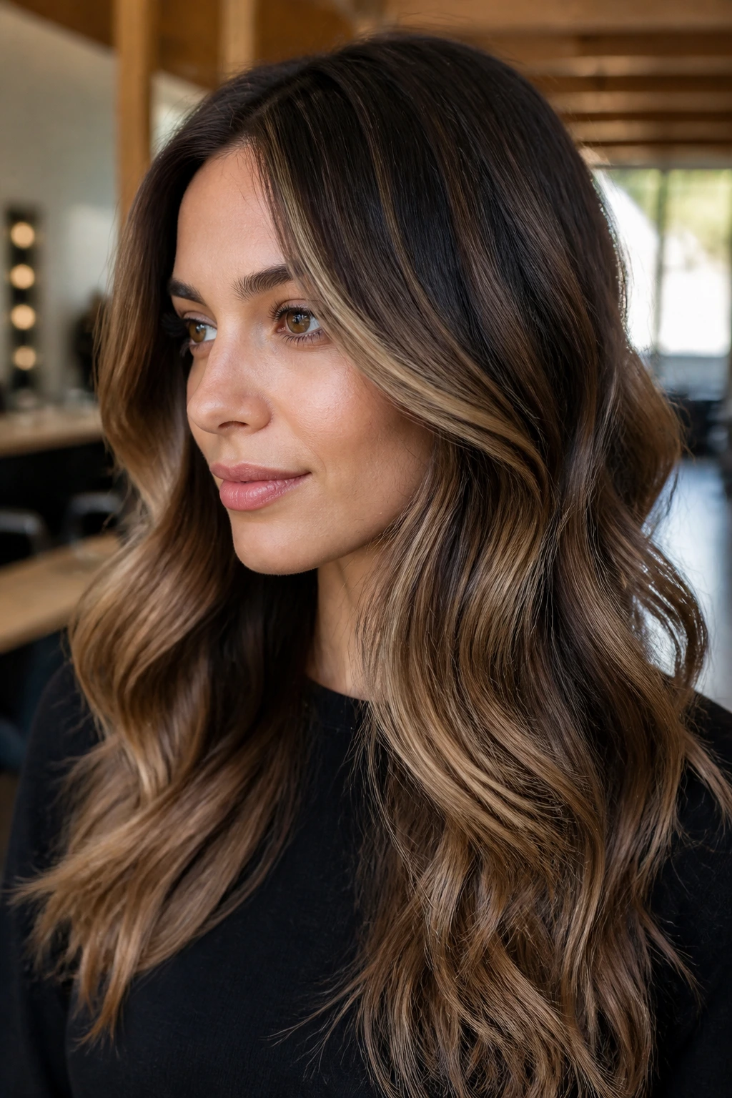 Portrait of toffee-brown balayage with cool contouring on a real woman.