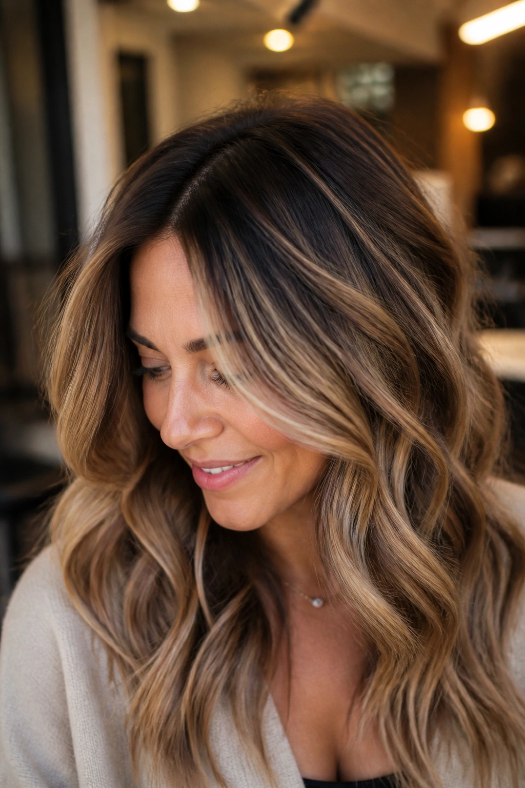 Close-up of a woman with toffee balayage and a soft dark root smudge under warm lighting.