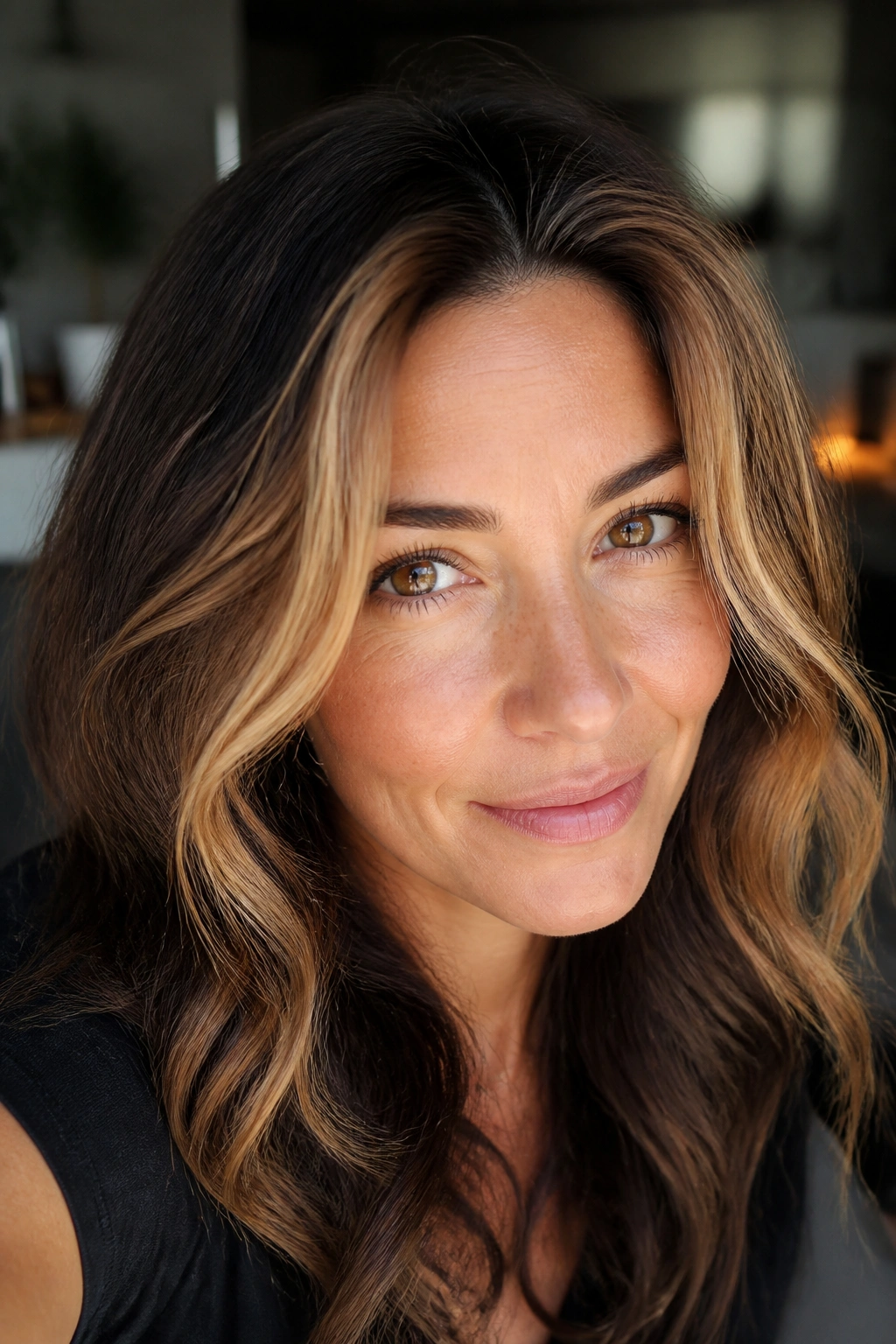 Close-up portrait of a real woman showing toffee balayage framing the hairline.