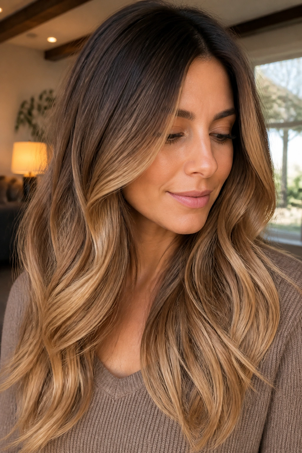 Real woman with toffee balayage and soft root shadow