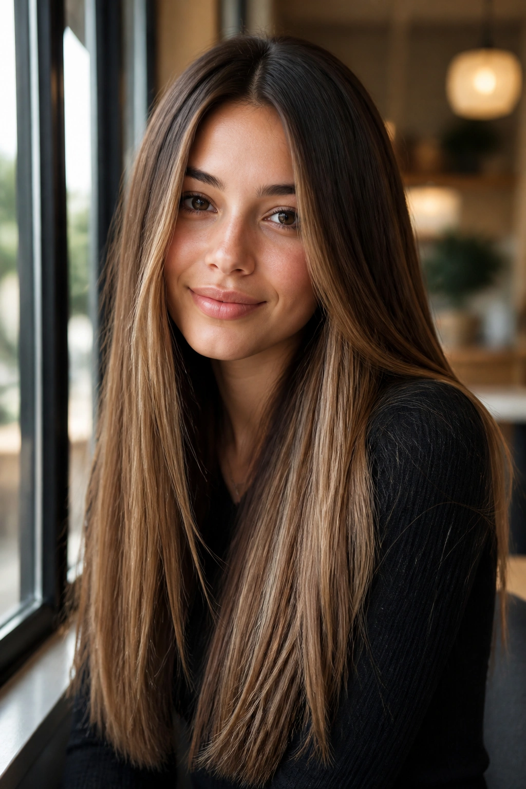 Close-up portrait of a woman with toffee balayage on straight long hair