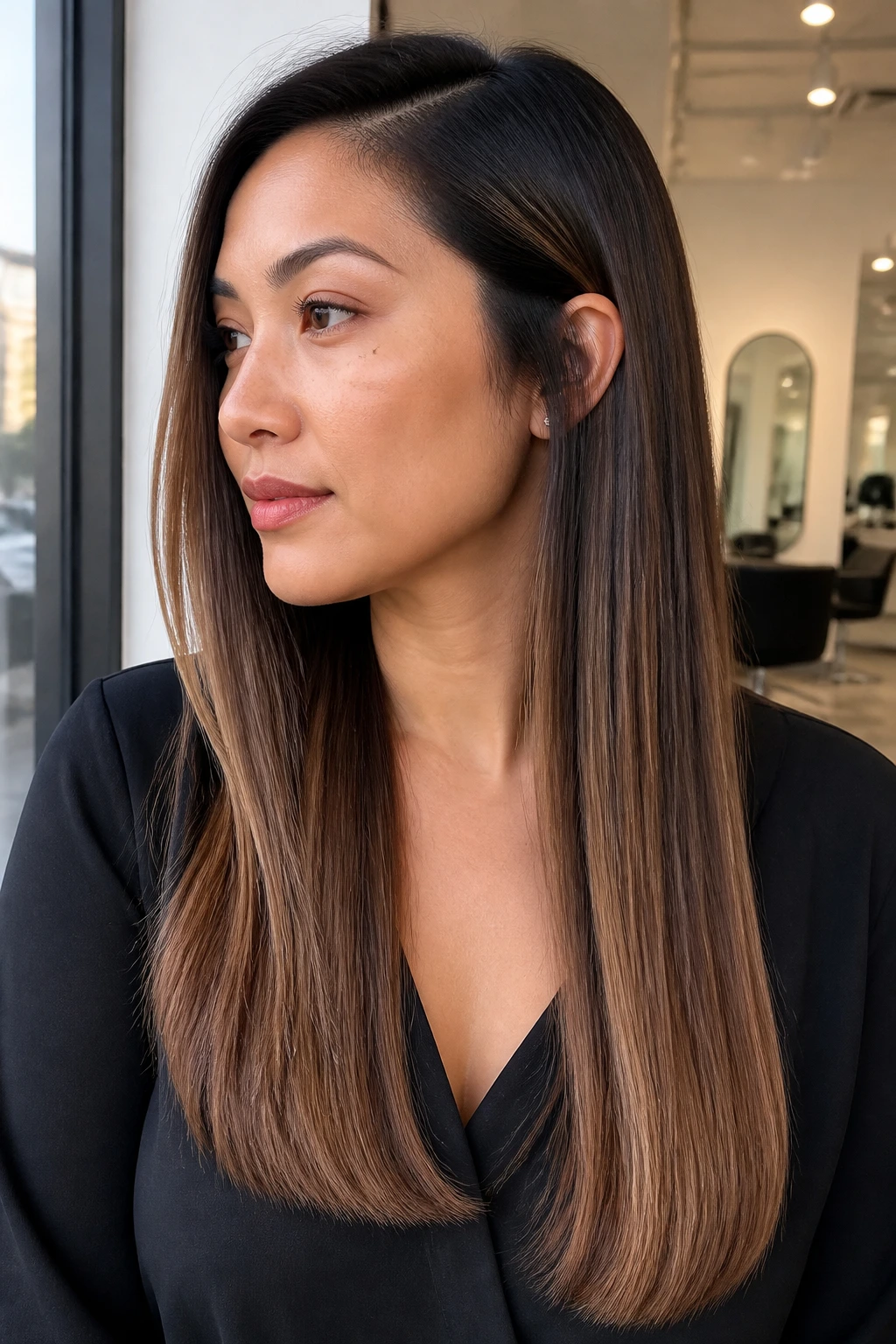 Medium close-up of a real woman with straight, glassy hair and toffee balayage